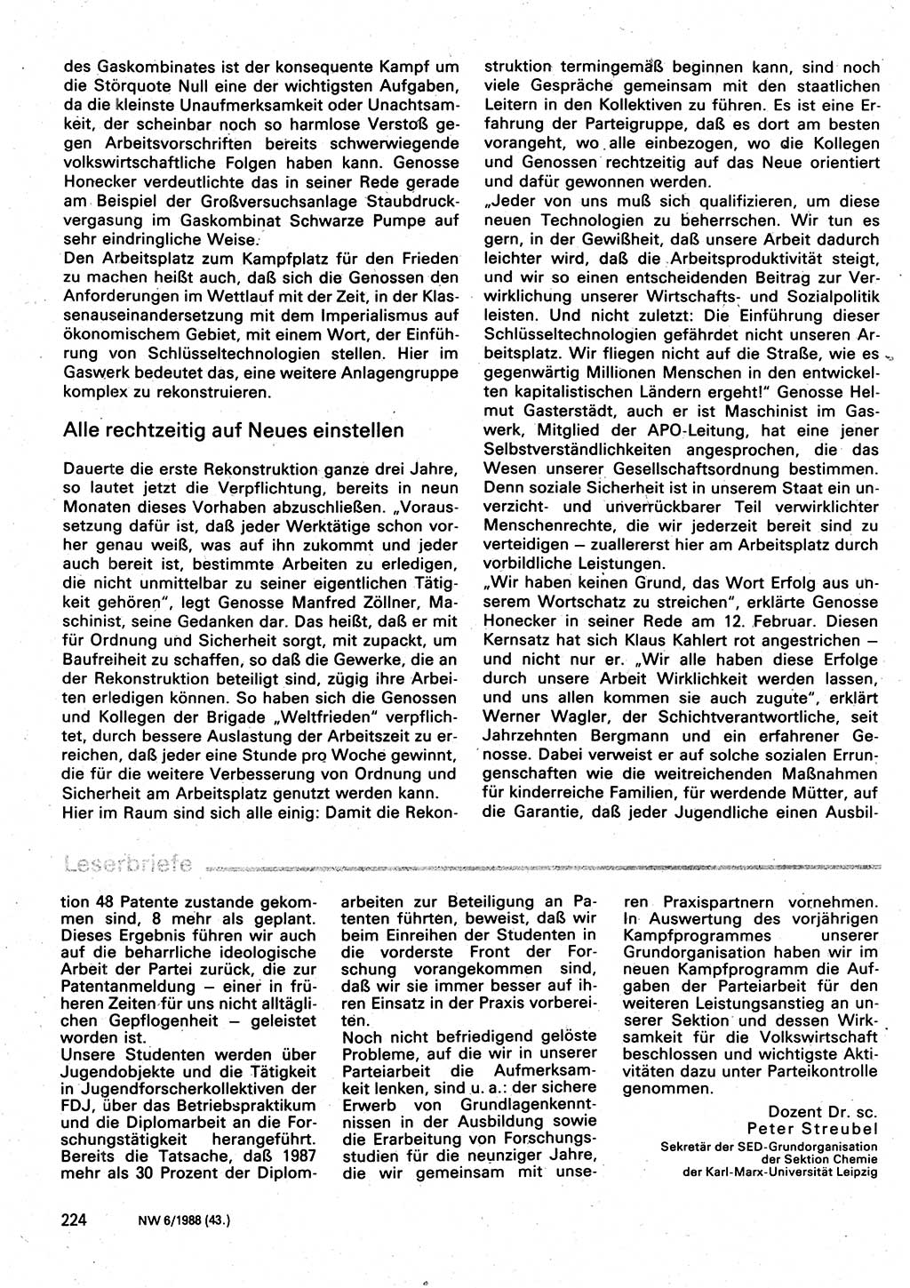 Neuer Weg (NW), Organ des Zentralkomitees (ZK) der SED (Sozialistische Einheitspartei Deutschlands) für Fragen des Parteilebens, 43. Jahrgang [Deutsche Demokratische Republik (DDR)] 1988, Seite 224 (NW ZK SED DDR 1988, S. 224)