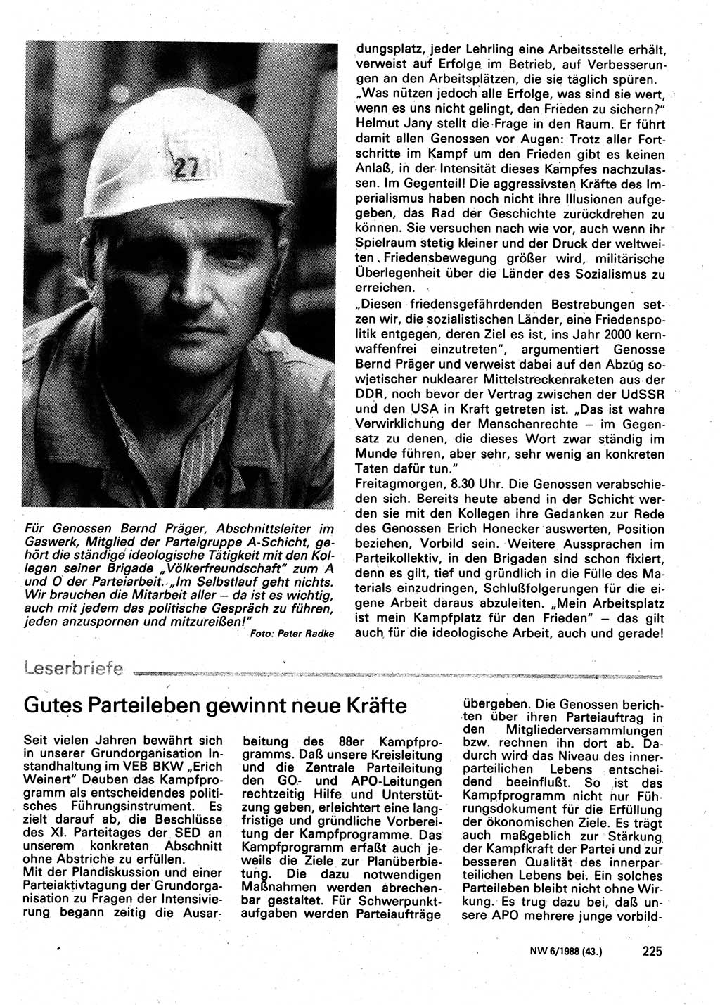 Neuer Weg (NW), Organ des Zentralkomitees (ZK) der SED (Sozialistische Einheitspartei Deutschlands) für Fragen des Parteilebens, 43. Jahrgang [Deutsche Demokratische Republik (DDR)] 1988, Seite 225 (NW ZK SED DDR 1988, S. 225)