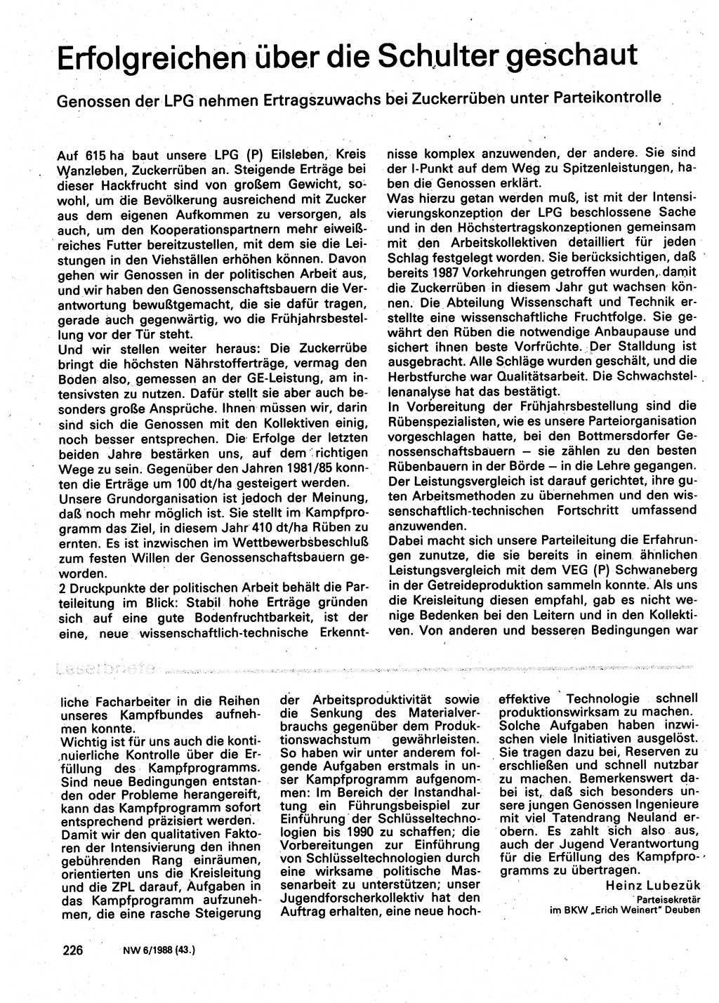 Neuer Weg (NW), Organ des Zentralkomitees (ZK) der SED (Sozialistische Einheitspartei Deutschlands) für Fragen des Parteilebens, 43. Jahrgang [Deutsche Demokratische Republik (DDR)] 1988, Seite 226 (NW ZK SED DDR 1988, S. 226)