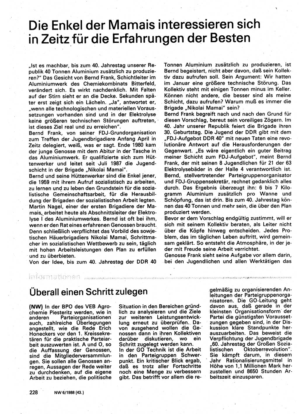 Neuer Weg (NW), Organ des Zentralkomitees (ZK) der SED (Sozialistische Einheitspartei Deutschlands) für Fragen des Parteilebens, 43. Jahrgang [Deutsche Demokratische Republik (DDR)] 1988, Seite 228 (NW ZK SED DDR 1988, S. 228)