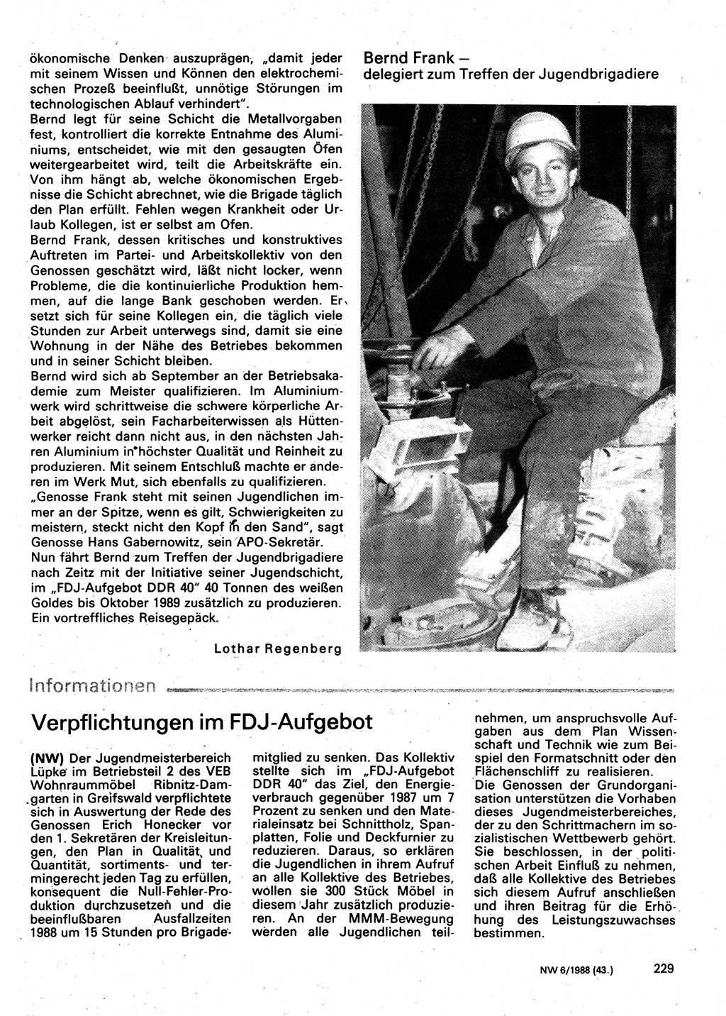 Neuer Weg (NW), Organ des Zentralkomitees (ZK) der SED (Sozialistische Einheitspartei Deutschlands) für Fragen des Parteilebens, 43. Jahrgang [Deutsche Demokratische Republik (DDR)] 1988, Seite 229 (NW ZK SED DDR 1988, S. 229)