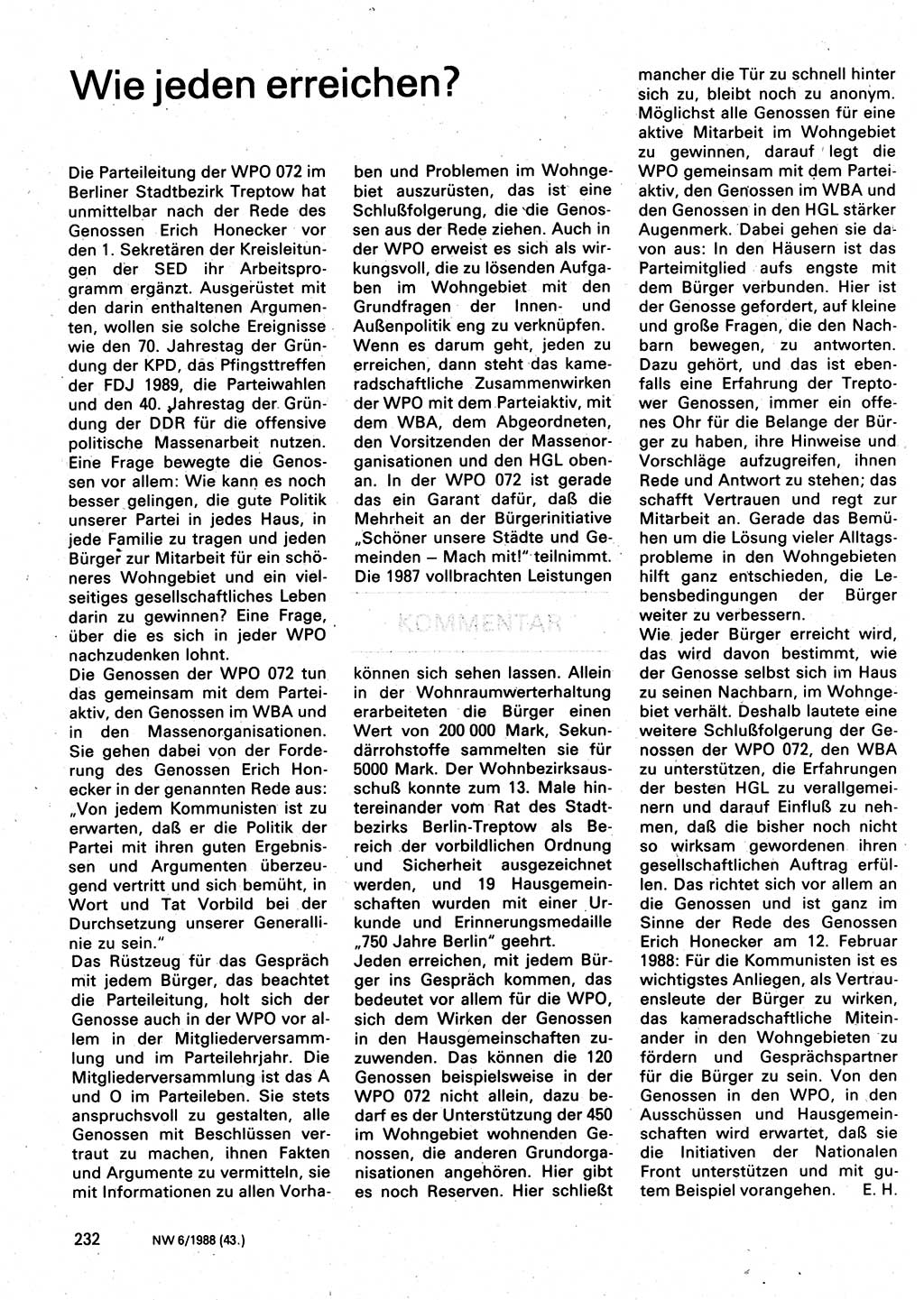 Neuer Weg (NW), Organ des Zentralkomitees (ZK) der SED (Sozialistische Einheitspartei Deutschlands) für Fragen des Parteilebens, 43. Jahrgang [Deutsche Demokratische Republik (DDR)] 1988, Seite 232 (NW ZK SED DDR 1988, S. 232)