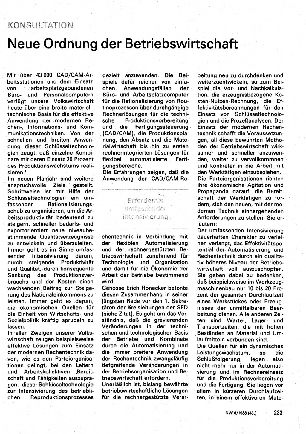 Neuer Weg (NW), Organ des Zentralkomitees (ZK) der SED (Sozialistische Einheitspartei Deutschlands) für Fragen des Parteilebens, 43. Jahrgang [Deutsche Demokratische Republik (DDR)] 1988, Seite 233 (NW ZK SED DDR 1988, S. 233)