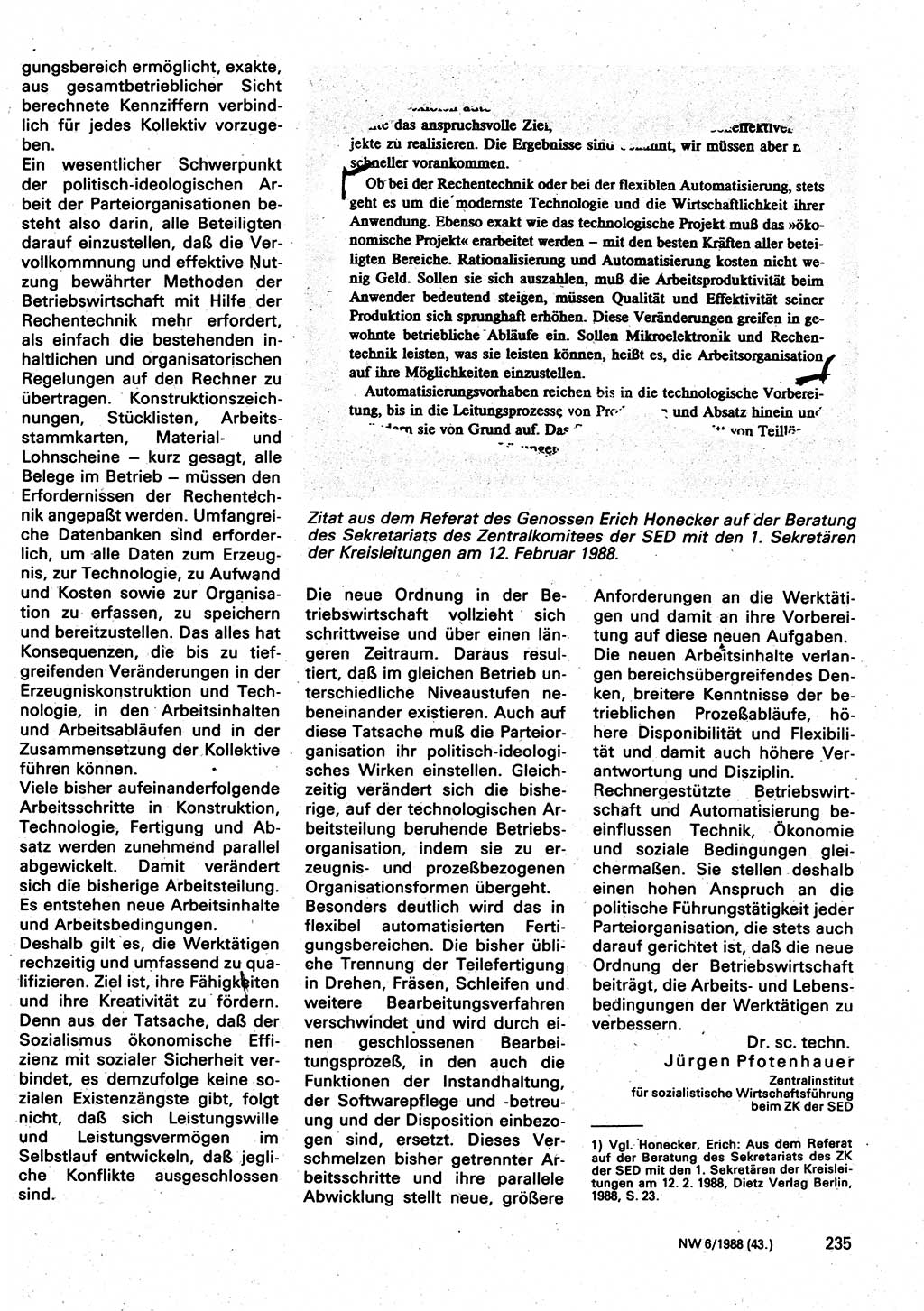 Neuer Weg (NW), Organ des Zentralkomitees (ZK) der SED (Sozialistische Einheitspartei Deutschlands) für Fragen des Parteilebens, 43. Jahrgang [Deutsche Demokratische Republik (DDR)] 1988, Seite 235 (NW ZK SED DDR 1988, S. 235)