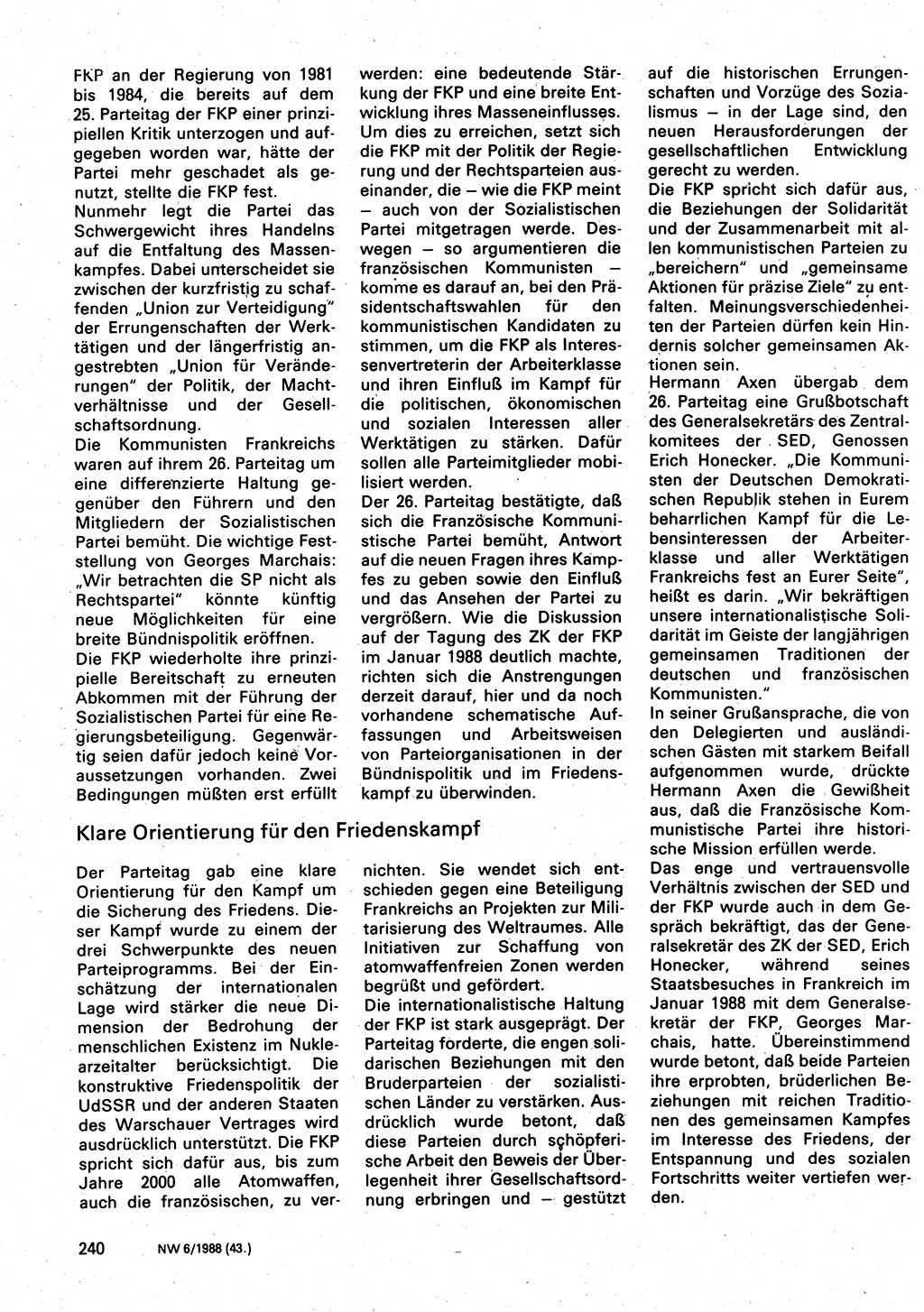 Neuer Weg (NW), Organ des Zentralkomitees (ZK) der SED (Sozialistische Einheitspartei Deutschlands) für Fragen des Parteilebens, 43. Jahrgang [Deutsche Demokratische Republik (DDR)] 1988, Seite 240 (NW ZK SED DDR 1988, S. 240)