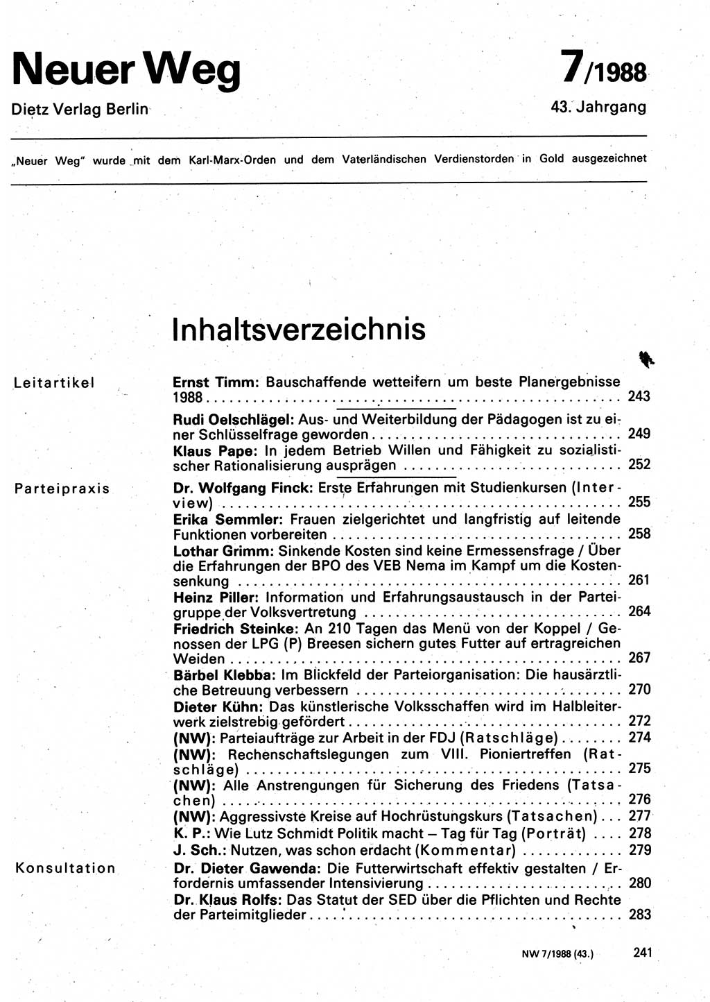 Neuer Weg (NW), Organ des Zentralkomitees (ZK) der SED (Sozialistische Einheitspartei Deutschlands) für Fragen des Parteilebens, 43. Jahrgang [Deutsche Demokratische Republik (DDR)] 1988, Seite 241 (NW ZK SED DDR 1988, S. 241)