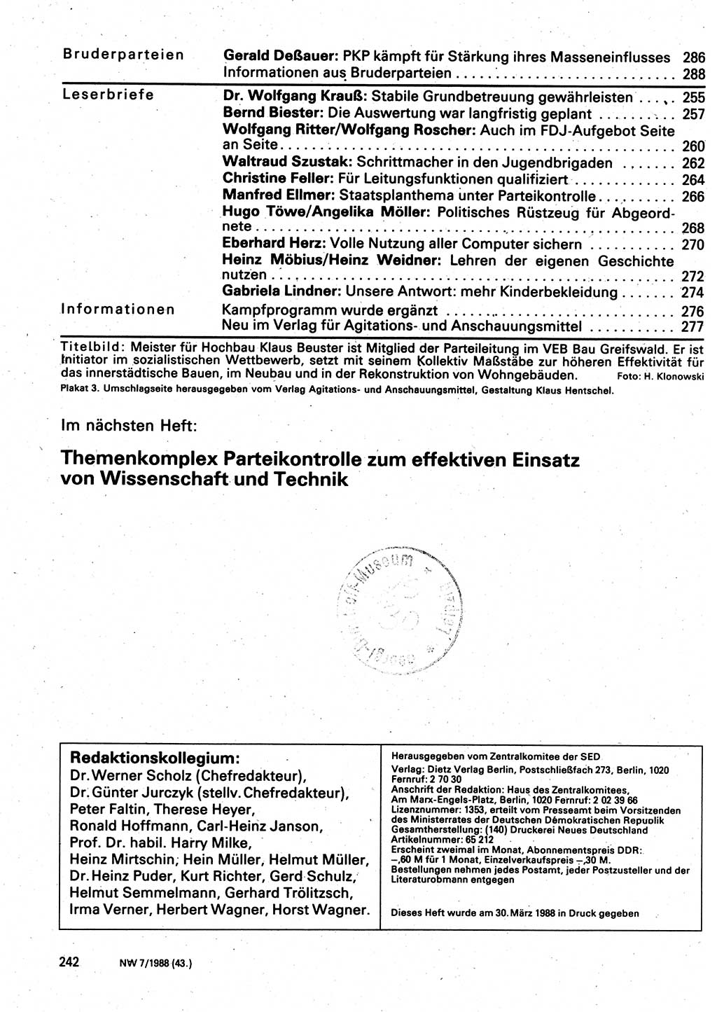 Neuer Weg (NW), Organ des Zentralkomitees (ZK) der SED (Sozialistische Einheitspartei Deutschlands) für Fragen des Parteilebens, 43. Jahrgang [Deutsche Demokratische Republik (DDR)] 1988, Seite 242 (NW ZK SED DDR 1988, S. 242)