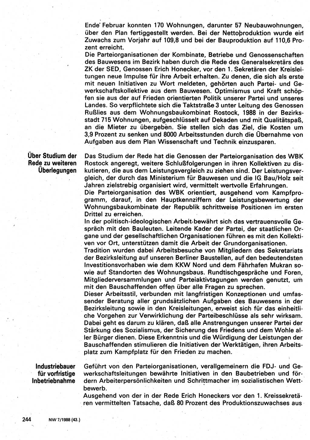 Neuer Weg (NW), Organ des Zentralkomitees (ZK) der SED (Sozialistische Einheitspartei Deutschlands) für Fragen des Parteilebens, 43. Jahrgang [Deutsche Demokratische Republik (DDR)] 1988, Seite 244 (NW ZK SED DDR 1988, S. 244)