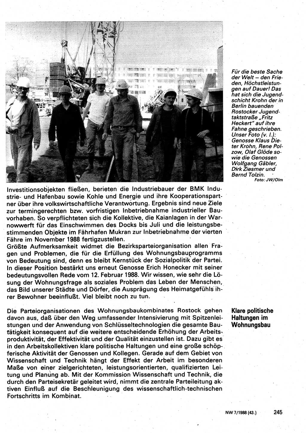 Neuer Weg (NW), Organ des Zentralkomitees (ZK) der SED (Sozialistische Einheitspartei Deutschlands) für Fragen des Parteilebens, 43. Jahrgang [Deutsche Demokratische Republik (DDR)] 1988, Seite 245 (NW ZK SED DDR 1988, S. 245)