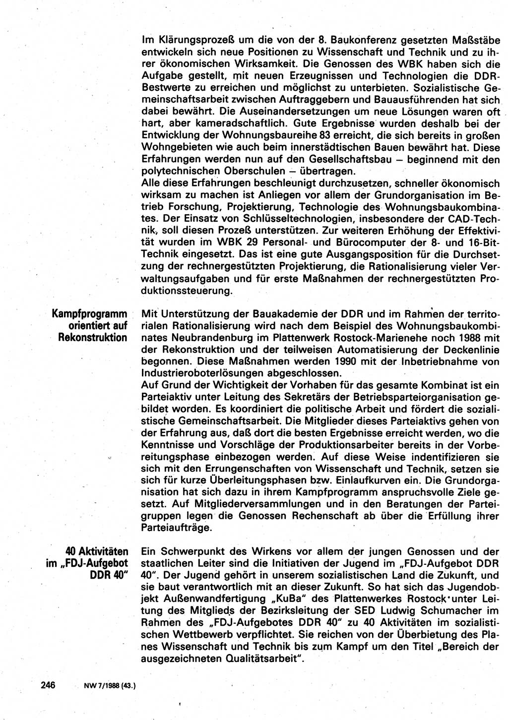 Neuer Weg (NW), Organ des Zentralkomitees (ZK) der SED (Sozialistische Einheitspartei Deutschlands) für Fragen des Parteilebens, 43. Jahrgang [Deutsche Demokratische Republik (DDR)] 1988, Seite 246 (NW ZK SED DDR 1988, S. 246)