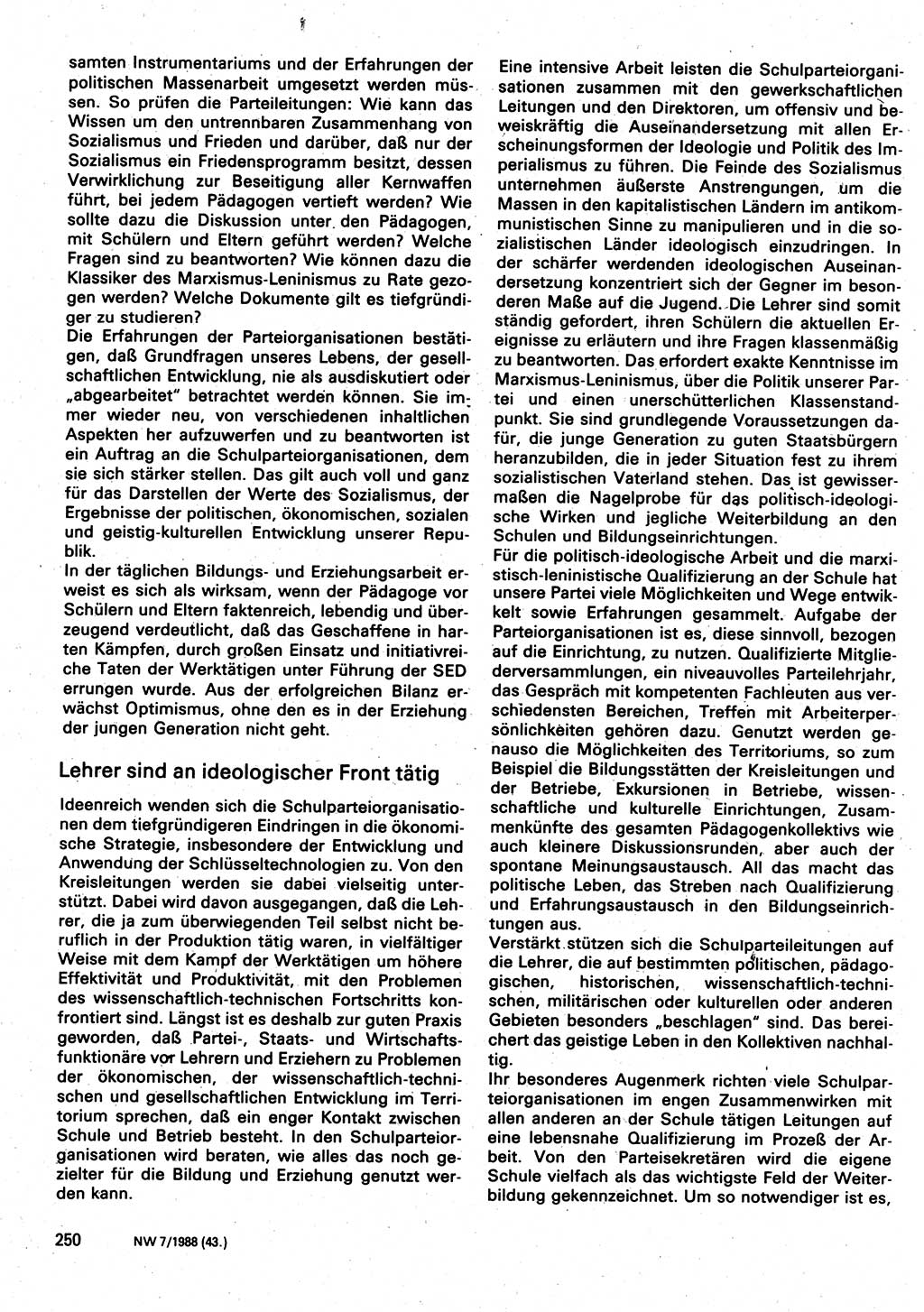 Neuer Weg (NW), Organ des Zentralkomitees (ZK) der SED (Sozialistische Einheitspartei Deutschlands) für Fragen des Parteilebens, 43. Jahrgang [Deutsche Demokratische Republik (DDR)] 1988, Seite 250 (NW ZK SED DDR 1988, S. 250)