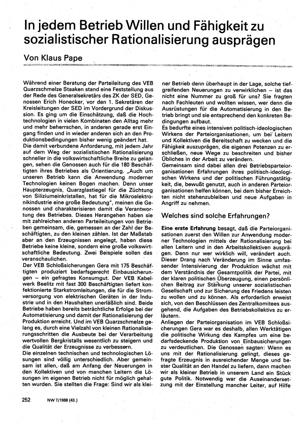 Neuer Weg (NW), Organ des Zentralkomitees (ZK) der SED (Sozialistische Einheitspartei Deutschlands) für Fragen des Parteilebens, 43. Jahrgang [Deutsche Demokratische Republik (DDR)] 1988, Seite 252 (NW ZK SED DDR 1988, S. 252)