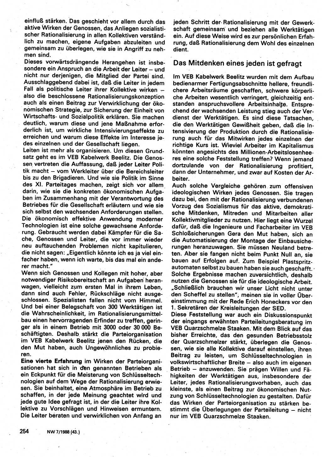 Neuer Weg (NW), Organ des Zentralkomitees (ZK) der SED (Sozialistische Einheitspartei Deutschlands) für Fragen des Parteilebens, 43. Jahrgang [Deutsche Demokratische Republik (DDR)] 1988, Seite 254 (NW ZK SED DDR 1988, S. 254)