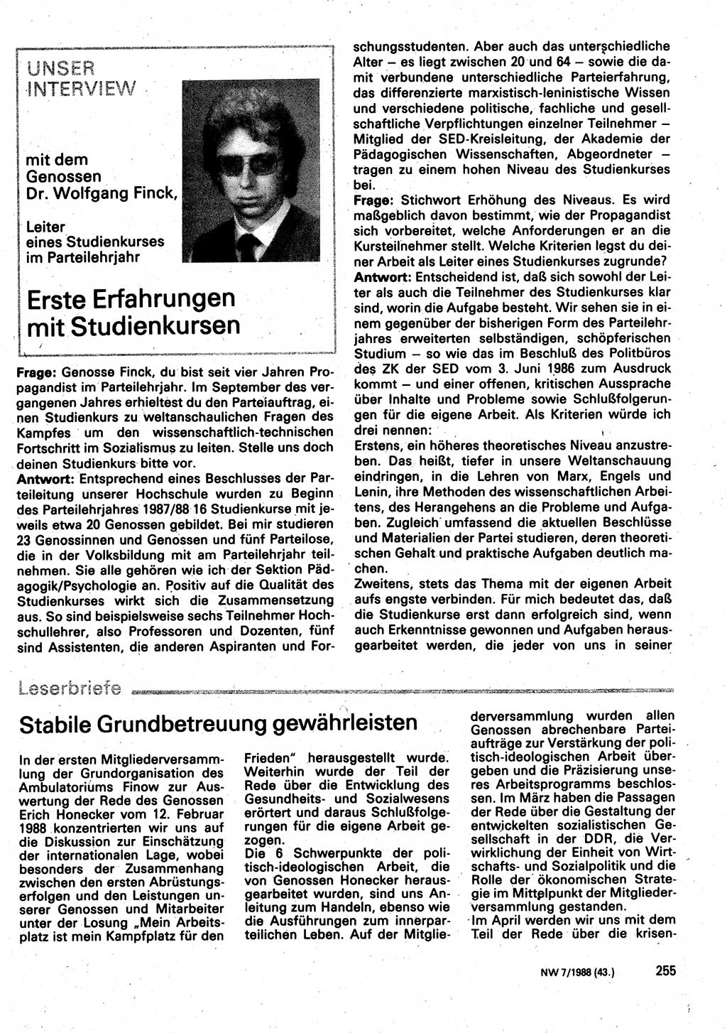 Neuer Weg (NW), Organ des Zentralkomitees (ZK) der SED (Sozialistische Einheitspartei Deutschlands) für Fragen des Parteilebens, 43. Jahrgang [Deutsche Demokratische Republik (DDR)] 1988, Seite 255 (NW ZK SED DDR 1988, S. 255)