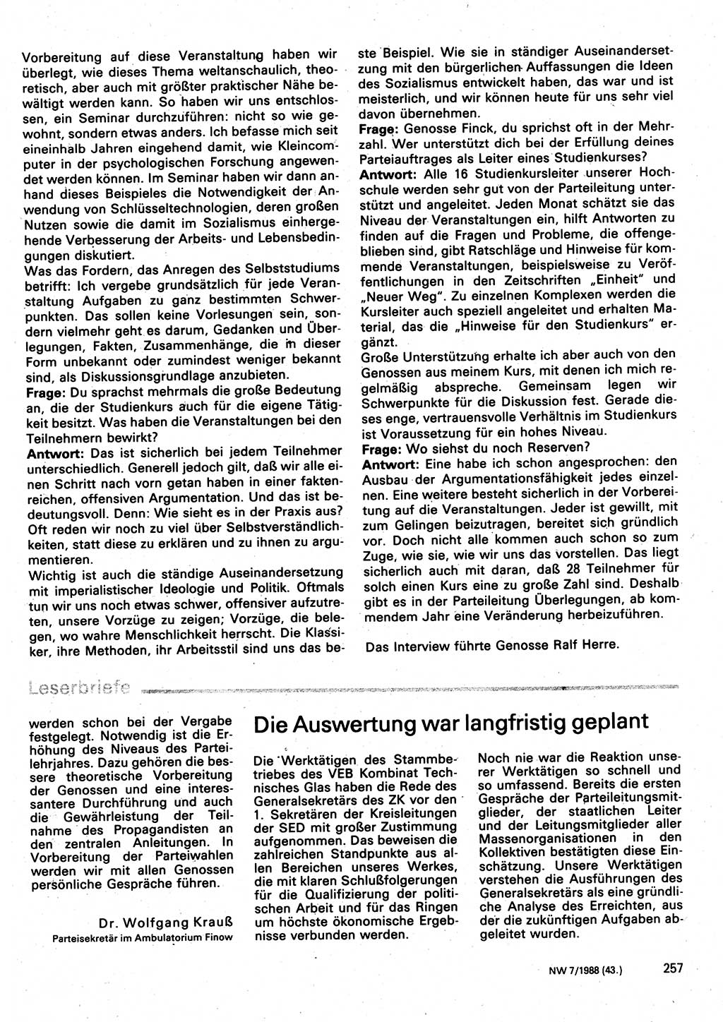 Neuer Weg (NW), Organ des Zentralkomitees (ZK) der SED (Sozialistische Einheitspartei Deutschlands) für Fragen des Parteilebens, 43. Jahrgang [Deutsche Demokratische Republik (DDR)] 1988, Seite 257 (NW ZK SED DDR 1988, S. 257)