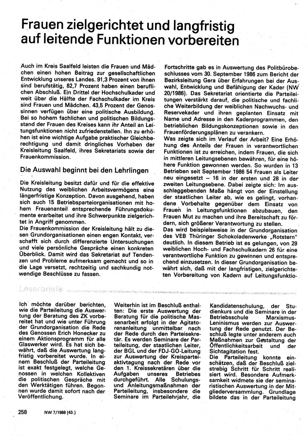 Neuer Weg (NW), Organ des Zentralkomitees (ZK) der SED (Sozialistische Einheitspartei Deutschlands) für Fragen des Parteilebens, 43. Jahrgang [Deutsche Demokratische Republik (DDR)] 1988, Seite 258 (NW ZK SED DDR 1988, S. 258)