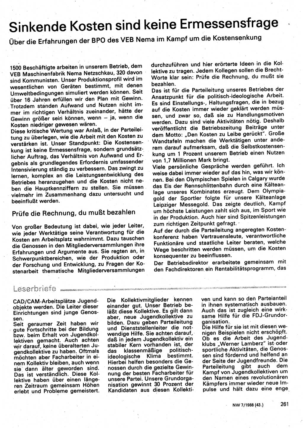 Neuer Weg (NW), Organ des Zentralkomitees (ZK) der SED (Sozialistische Einheitspartei Deutschlands) für Fragen des Parteilebens, 43. Jahrgang [Deutsche Demokratische Republik (DDR)] 1988, Seite 261 (NW ZK SED DDR 1988, S. 261)