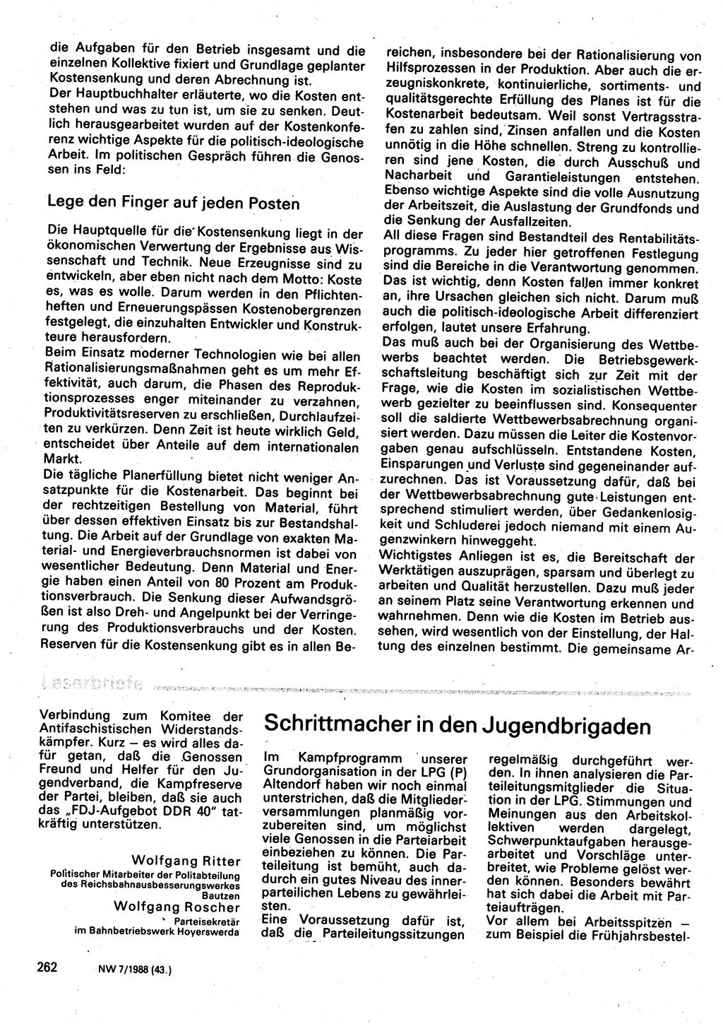 Neuer Weg (NW), Organ des Zentralkomitees (ZK) der SED (Sozialistische Einheitspartei Deutschlands) für Fragen des Parteilebens, 43. Jahrgang [Deutsche Demokratische Republik (DDR)] 1988, Seite 262 (NW ZK SED DDR 1988, S. 262)