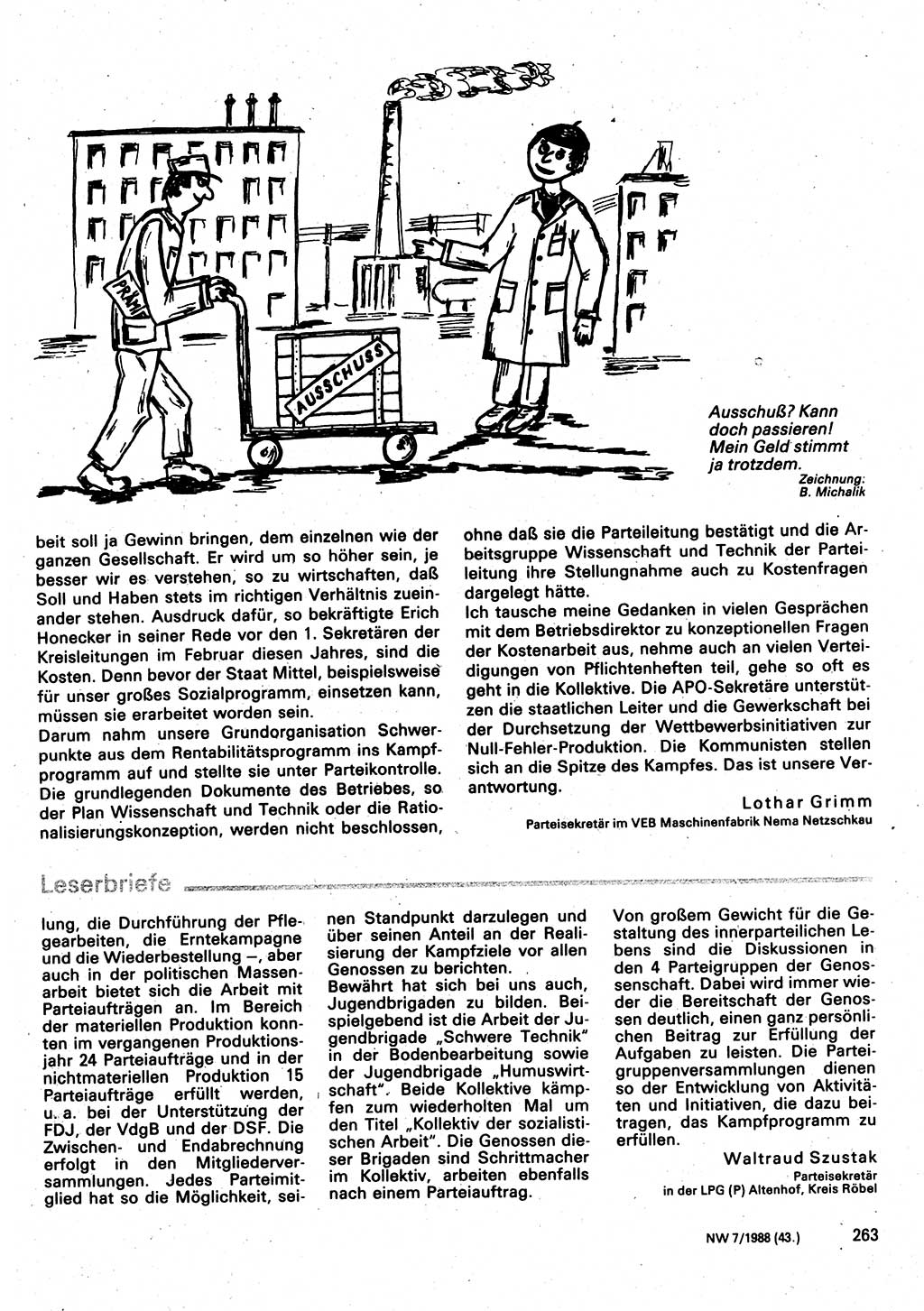 Neuer Weg (NW), Organ des Zentralkomitees (ZK) der SED (Sozialistische Einheitspartei Deutschlands) für Fragen des Parteilebens, 43. Jahrgang [Deutsche Demokratische Republik (DDR)] 1988, Seite 263 (NW ZK SED DDR 1988, S. 263)
