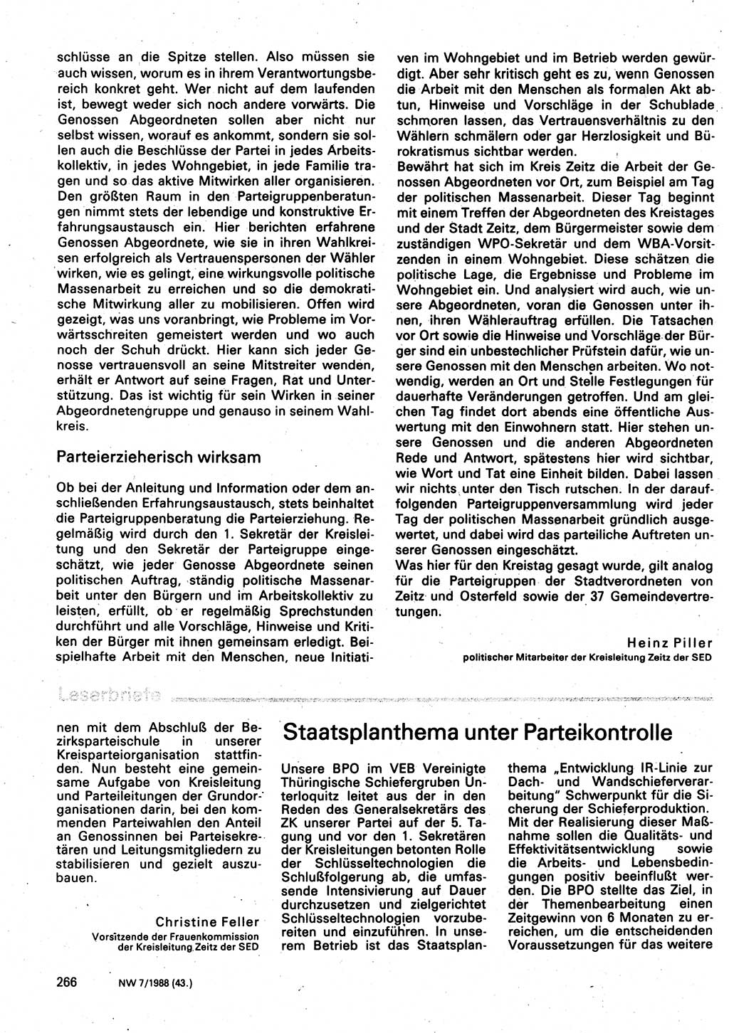 Neuer Weg (NW), Organ des Zentralkomitees (ZK) der SED (Sozialistische Einheitspartei Deutschlands) für Fragen des Parteilebens, 43. Jahrgang [Deutsche Demokratische Republik (DDR)] 1988, Seite 266 (NW ZK SED DDR 1988, S. 266)