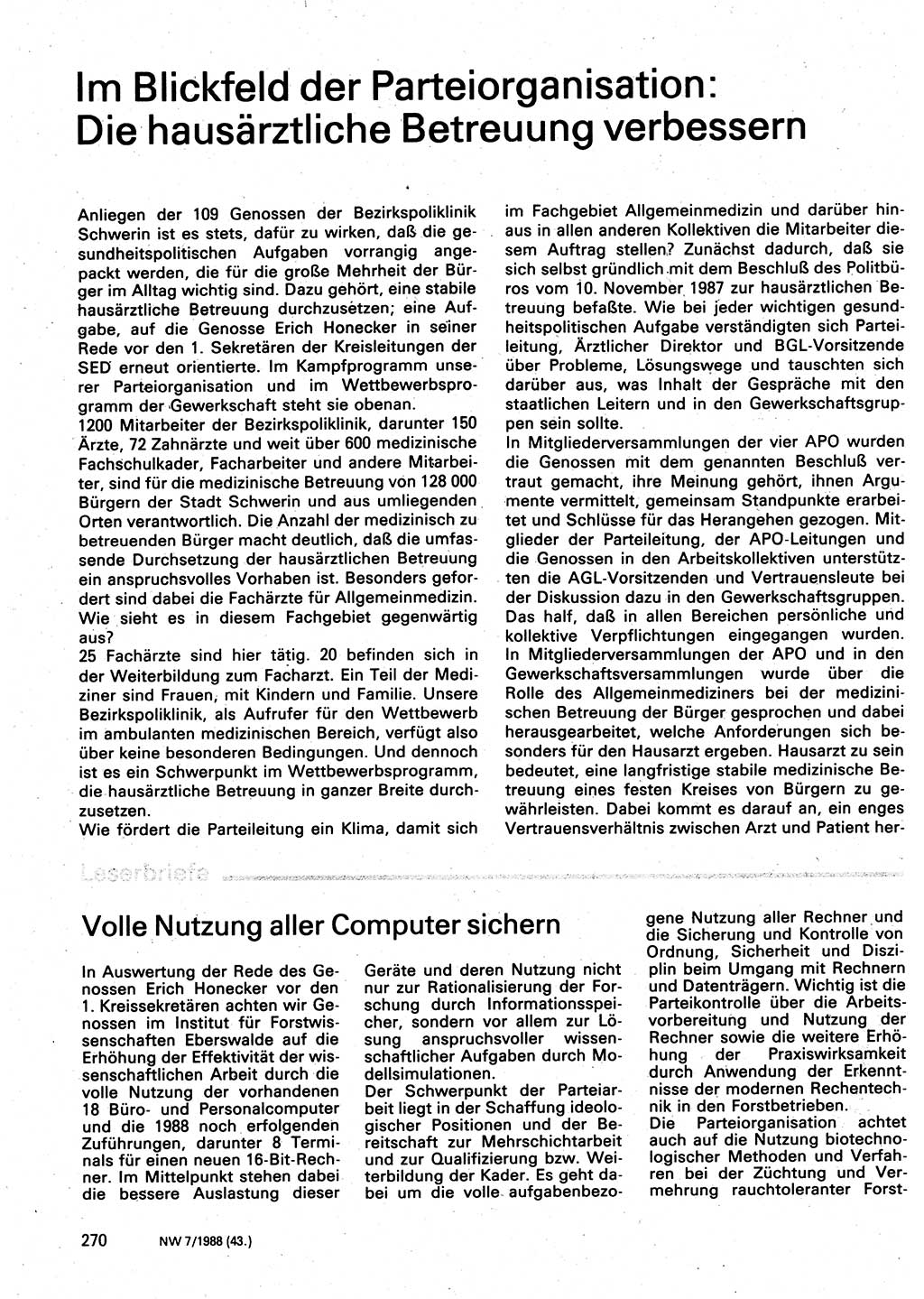 Neuer Weg (NW), Organ des Zentralkomitees (ZK) der SED (Sozialistische Einheitspartei Deutschlands) fÃ¼r Fragen des Parteilebens, 43. Jahrgang [Deutsche Demokratische Republik (DDR)] 1988, Seite 270 (NW ZK SED DDR 1988, S. 270)