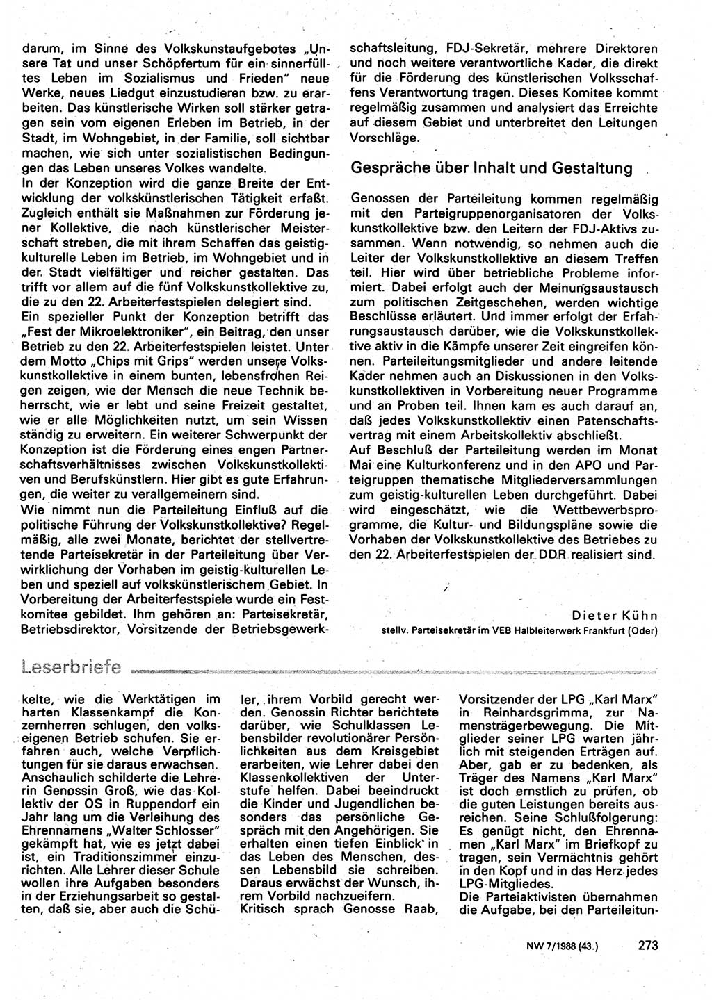 Neuer Weg (NW), Organ des Zentralkomitees (ZK) der SED (Sozialistische Einheitspartei Deutschlands) für Fragen des Parteilebens, 43. Jahrgang [Deutsche Demokratische Republik (DDR)] 1988, Seite 273 (NW ZK SED DDR 1988, S. 273)