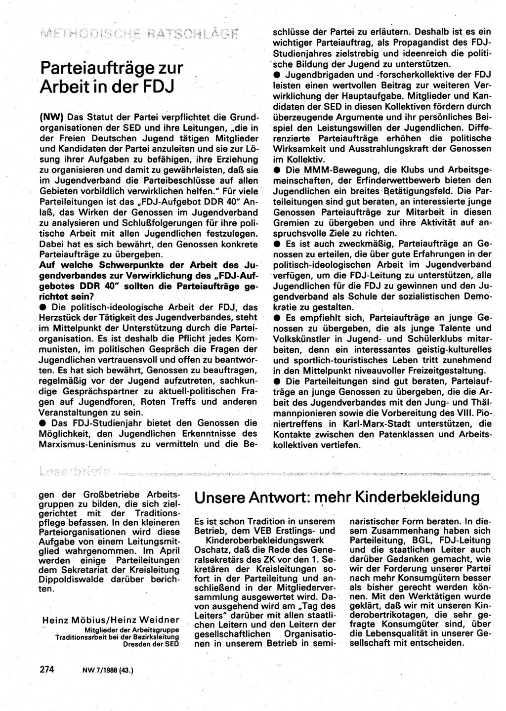 Neuer Weg (NW), Organ des Zentralkomitees (ZK) der SED (Sozialistische Einheitspartei Deutschlands) für Fragen des Parteilebens, 43. Jahrgang [Deutsche Demokratische Republik (DDR)] 1988, Seite 274 (NW ZK SED DDR 1988, S. 274)