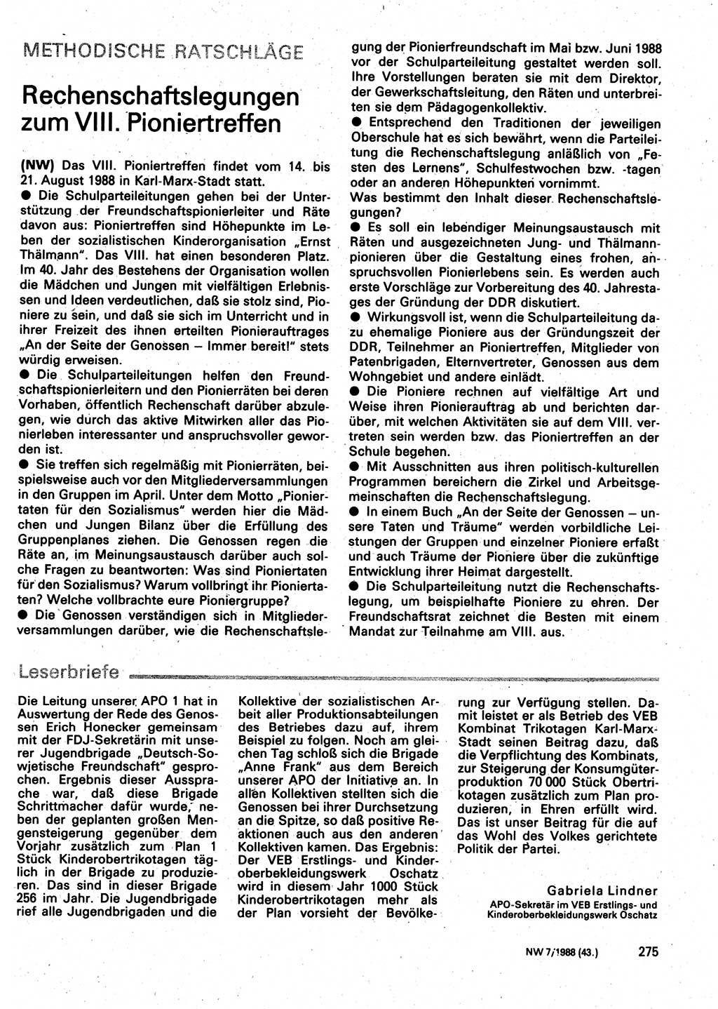 Neuer Weg (NW), Organ des Zentralkomitees (ZK) der SED (Sozialistische Einheitspartei Deutschlands) für Fragen des Parteilebens, 43. Jahrgang [Deutsche Demokratische Republik (DDR)] 1988, Seite 275 (NW ZK SED DDR 1988, S. 275)