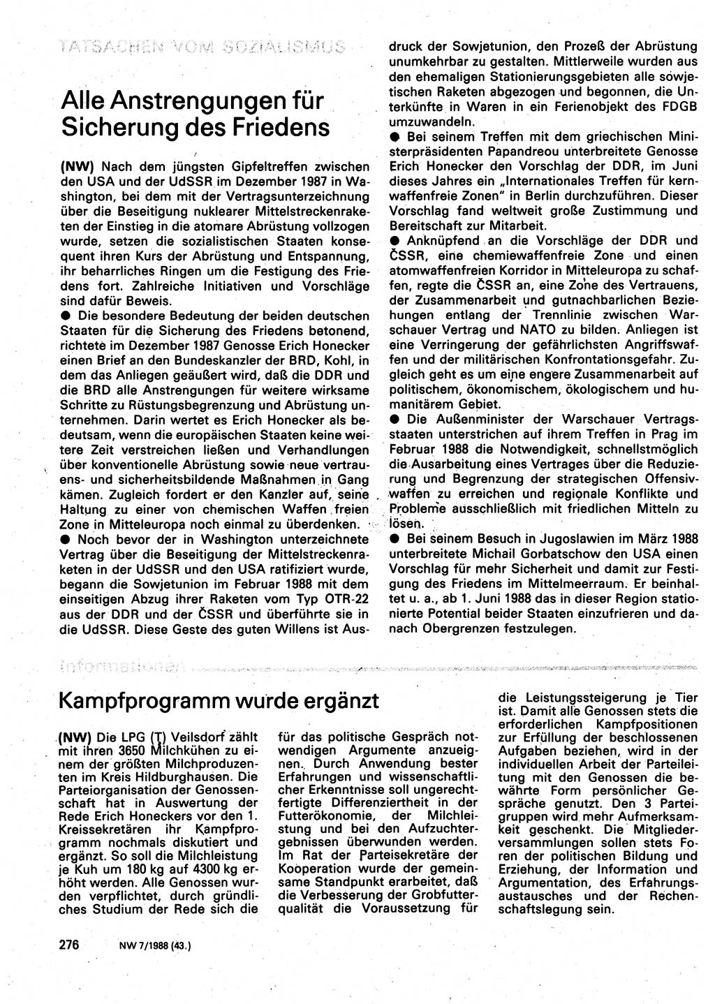 Neuer Weg (NW), Organ des Zentralkomitees (ZK) der SED (Sozialistische Einheitspartei Deutschlands) für Fragen des Parteilebens, 43. Jahrgang [Deutsche Demokratische Republik (DDR)] 1988, Seite 276 (NW ZK SED DDR 1988, S. 276)