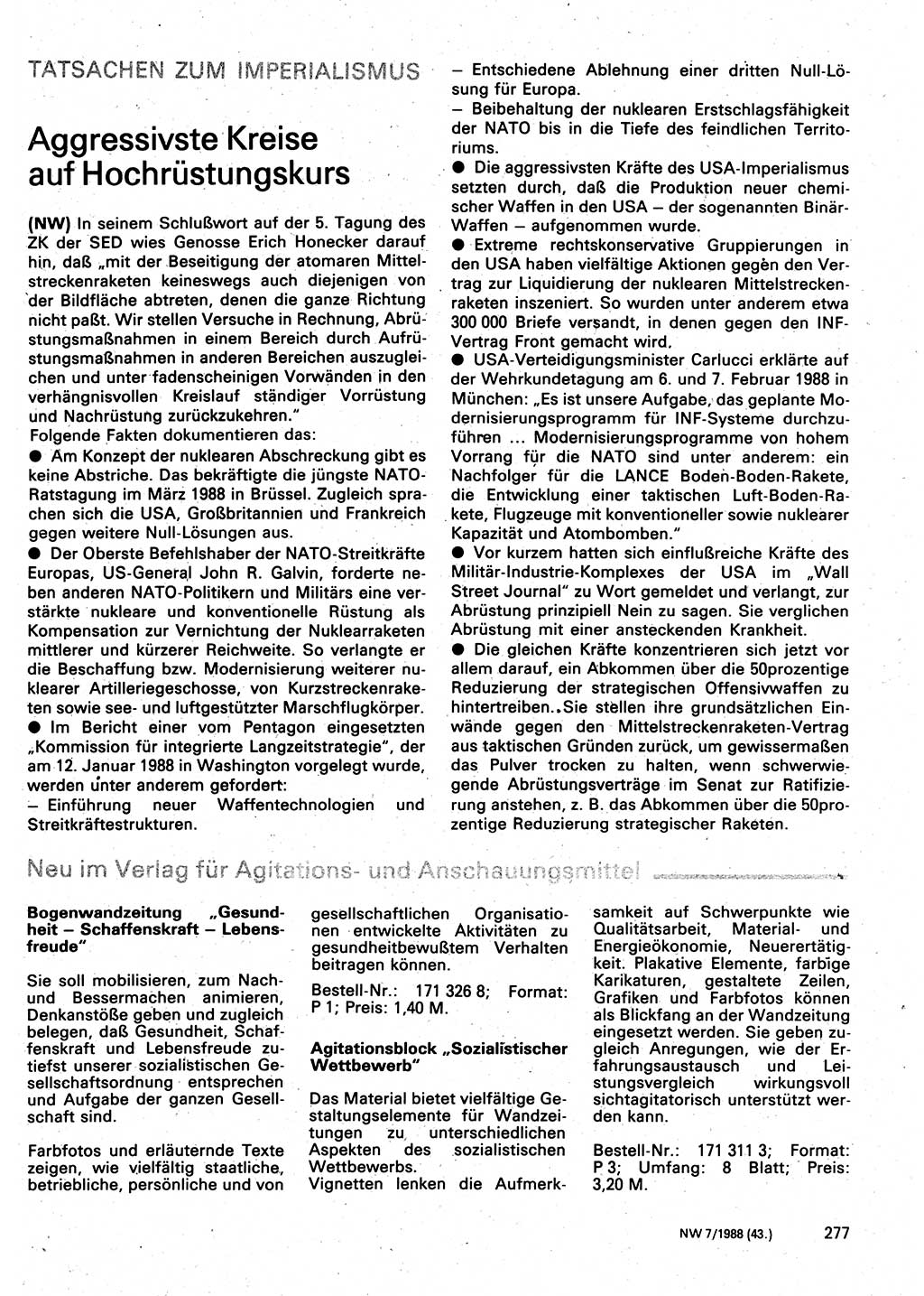 Neuer Weg (NW), Organ des Zentralkomitees (ZK) der SED (Sozialistische Einheitspartei Deutschlands) für Fragen des Parteilebens, 43. Jahrgang [Deutsche Demokratische Republik (DDR)] 1988, Seite 277 (NW ZK SED DDR 1988, S. 277)