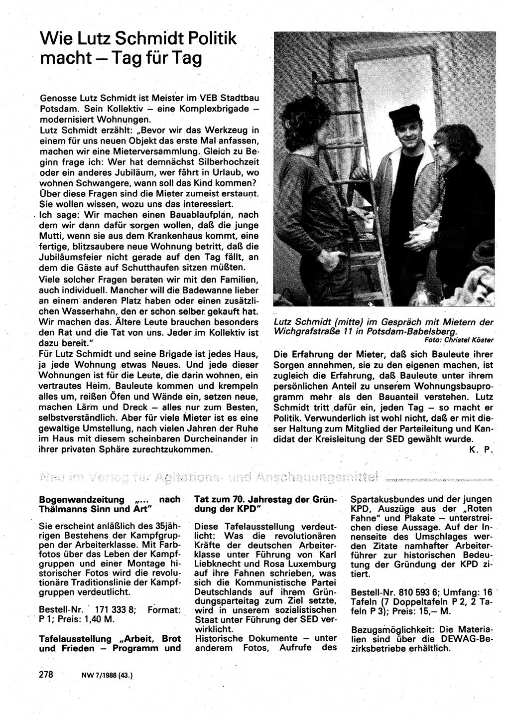 Neuer Weg (NW), Organ des Zentralkomitees (ZK) der SED (Sozialistische Einheitspartei Deutschlands) für Fragen des Parteilebens, 43. Jahrgang [Deutsche Demokratische Republik (DDR)] 1988, Seite 278 (NW ZK SED DDR 1988, S. 278)