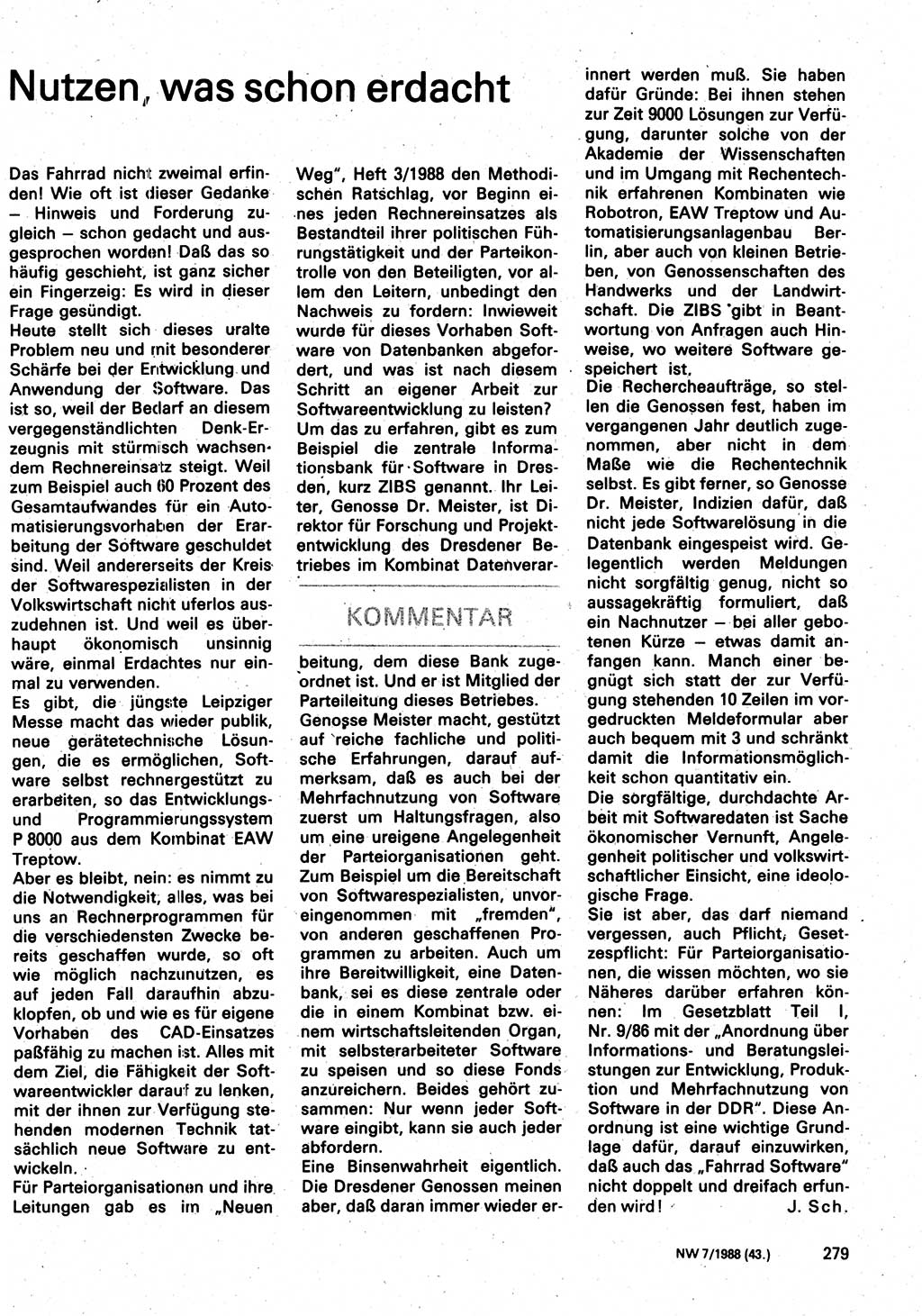 Neuer Weg (NW), Organ des Zentralkomitees (ZK) der SED (Sozialistische Einheitspartei Deutschlands) für Fragen des Parteilebens, 43. Jahrgang [Deutsche Demokratische Republik (DDR)] 1988, Seite 279 (NW ZK SED DDR 1988, S. 279)