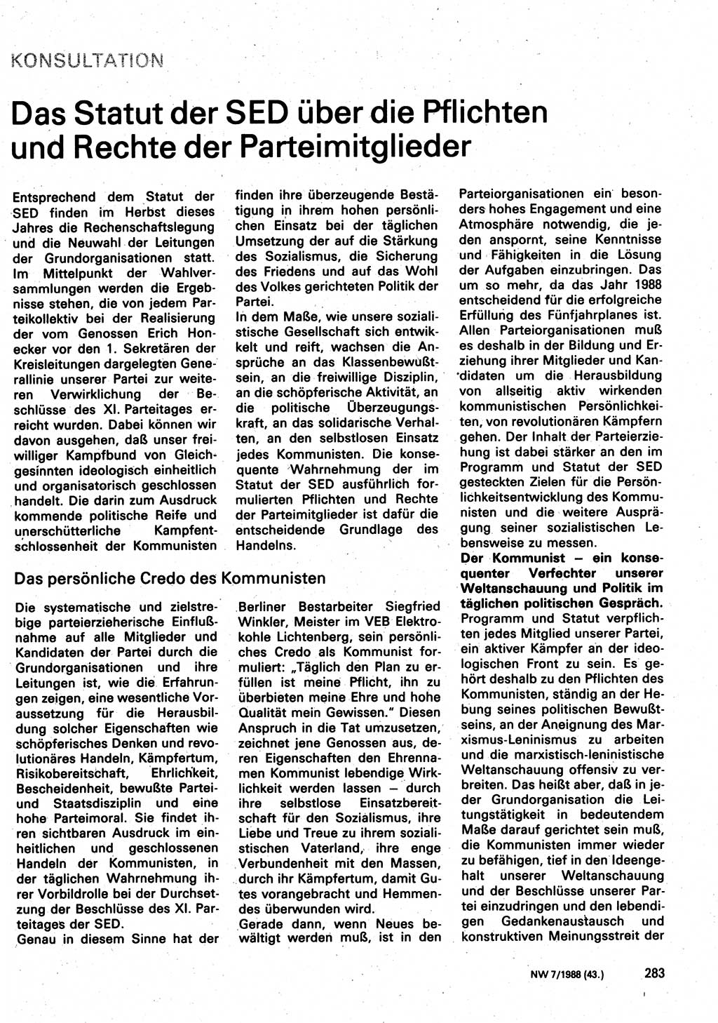 Neuer Weg (NW), Organ des Zentralkomitees (ZK) der SED (Sozialistische Einheitspartei Deutschlands) für Fragen des Parteilebens, 43. Jahrgang [Deutsche Demokratische Republik (DDR)] 1988, Seite 283 (NW ZK SED DDR 1988, S. 283)