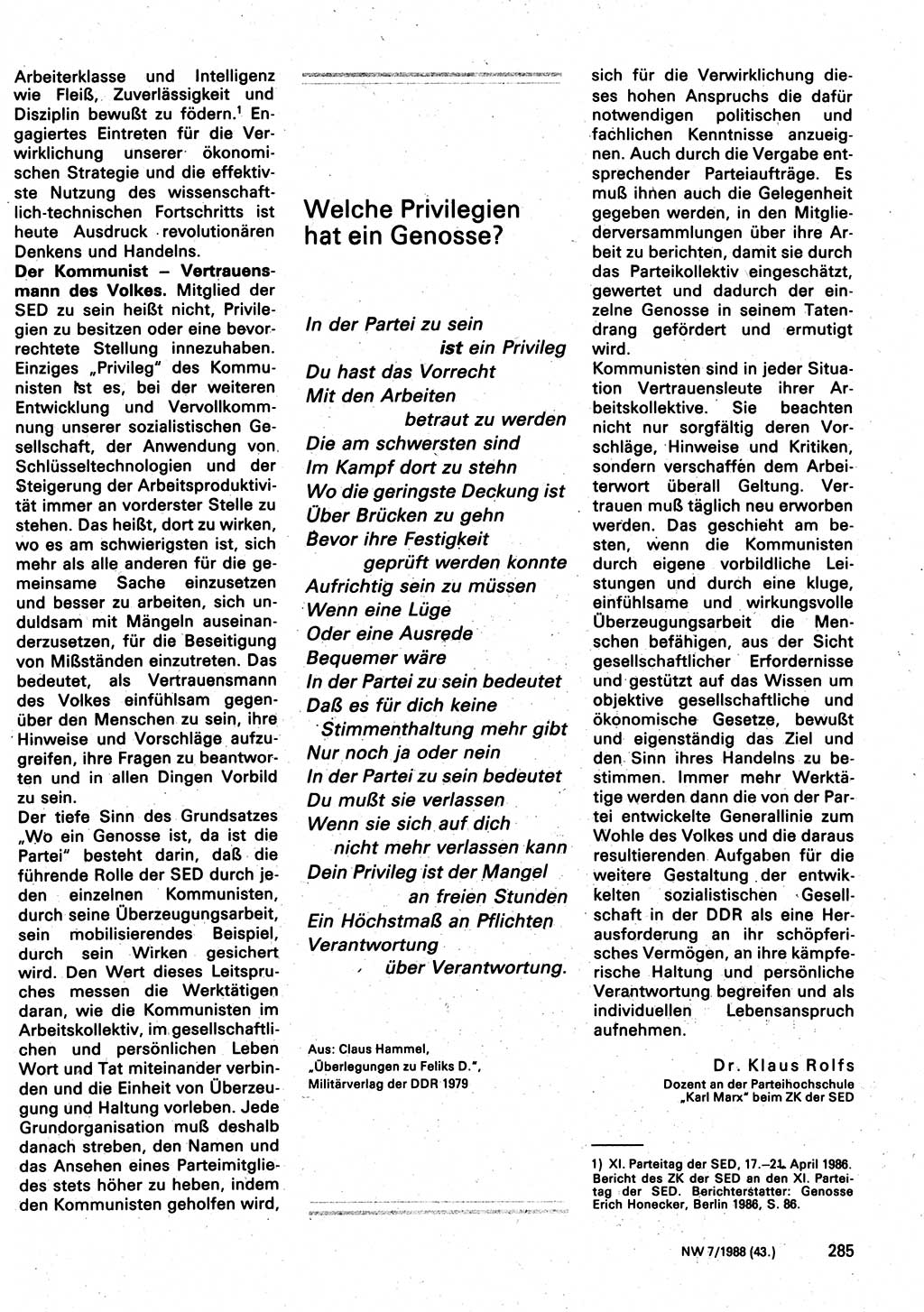 Neuer Weg (NW), Organ des Zentralkomitees (ZK) der SED (Sozialistische Einheitspartei Deutschlands) für Fragen des Parteilebens, 43. Jahrgang [Deutsche Demokratische Republik (DDR)] 1988, Seite 285 (NW ZK SED DDR 1988, S. 285)