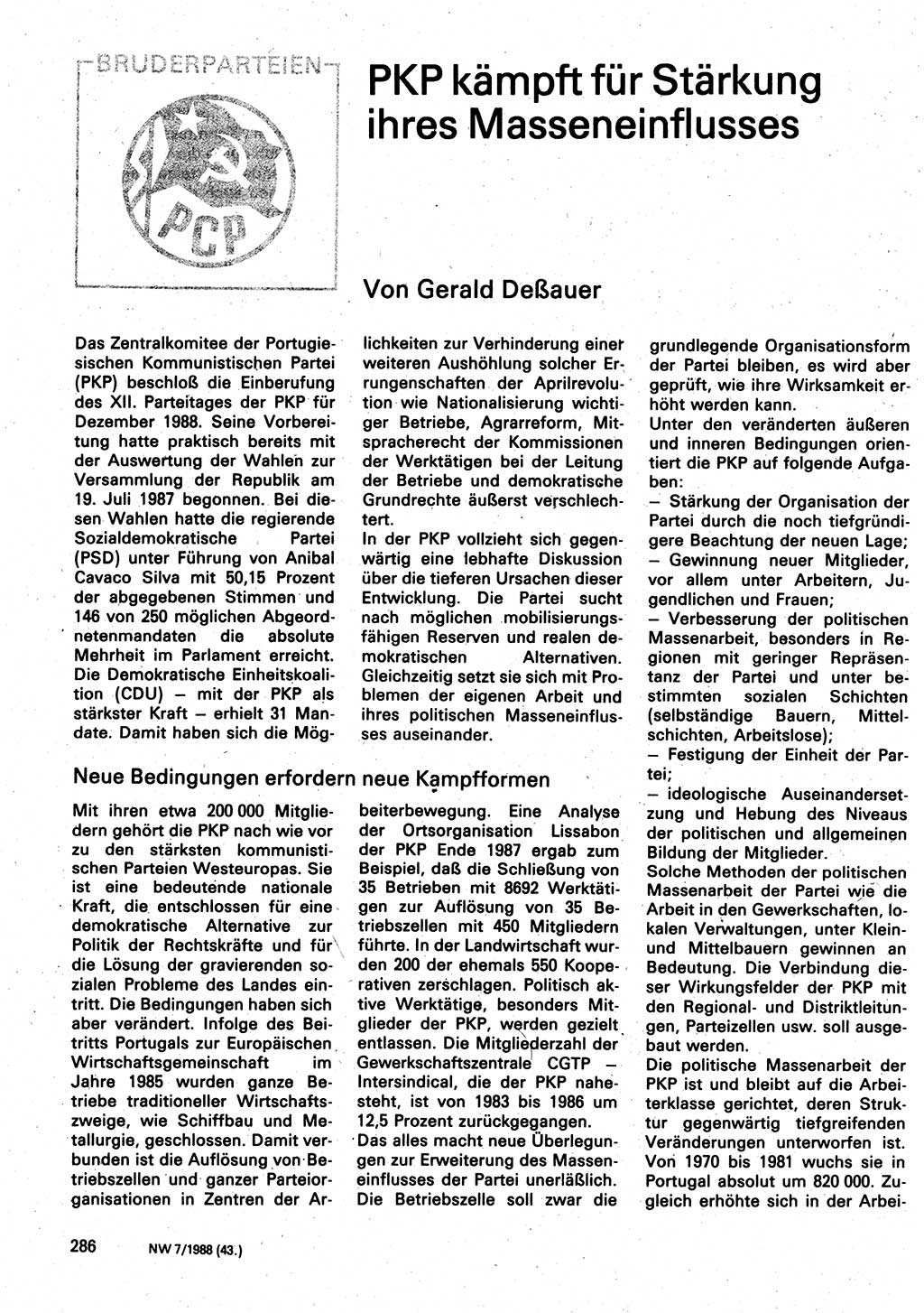 Neuer Weg (NW), Organ des Zentralkomitees (ZK) der SED (Sozialistische Einheitspartei Deutschlands) für Fragen des Parteilebens, 43. Jahrgang [Deutsche Demokratische Republik (DDR)] 1988, Seite 286 (NW ZK SED DDR 1988, S. 286)