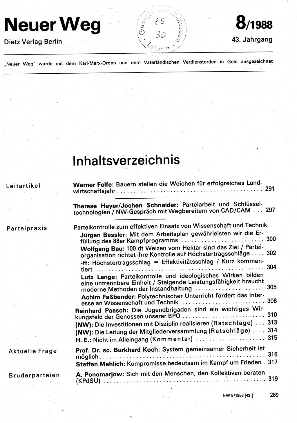 Neuer Weg (NW), Organ des Zentralkomitees (ZK) der SED (Sozialistische Einheitspartei Deutschlands) für Fragen des Parteilebens, 43. Jahrgang [Deutsche Demokratische Republik (DDR)] 1988, Seite 289 (NW ZK SED DDR 1988, S. 289)