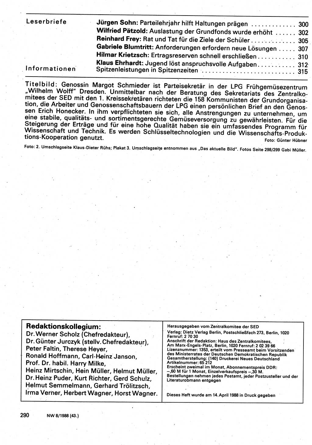 Neuer Weg (NW), Organ des Zentralkomitees (ZK) der SED (Sozialistische Einheitspartei Deutschlands) für Fragen des Parteilebens, 43. Jahrgang [Deutsche Demokratische Republik (DDR)] 1988, Seite 290 (NW ZK SED DDR 1988, S. 290)