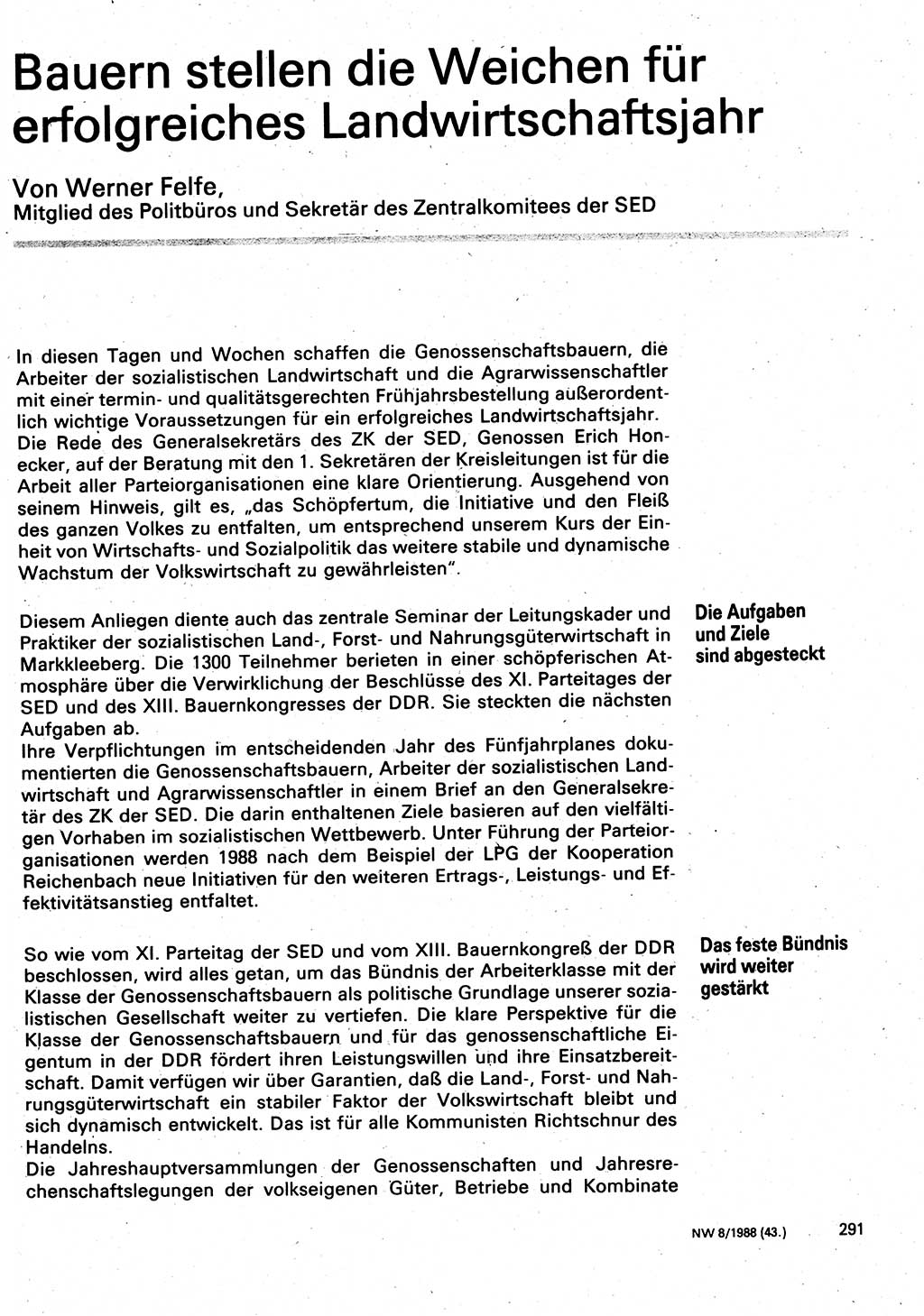 Neuer Weg (NW), Organ des Zentralkomitees (ZK) der SED (Sozialistische Einheitspartei Deutschlands) für Fragen des Parteilebens, 43. Jahrgang [Deutsche Demokratische Republik (DDR)] 1988, Seite 291 (NW ZK SED DDR 1988, S. 291)