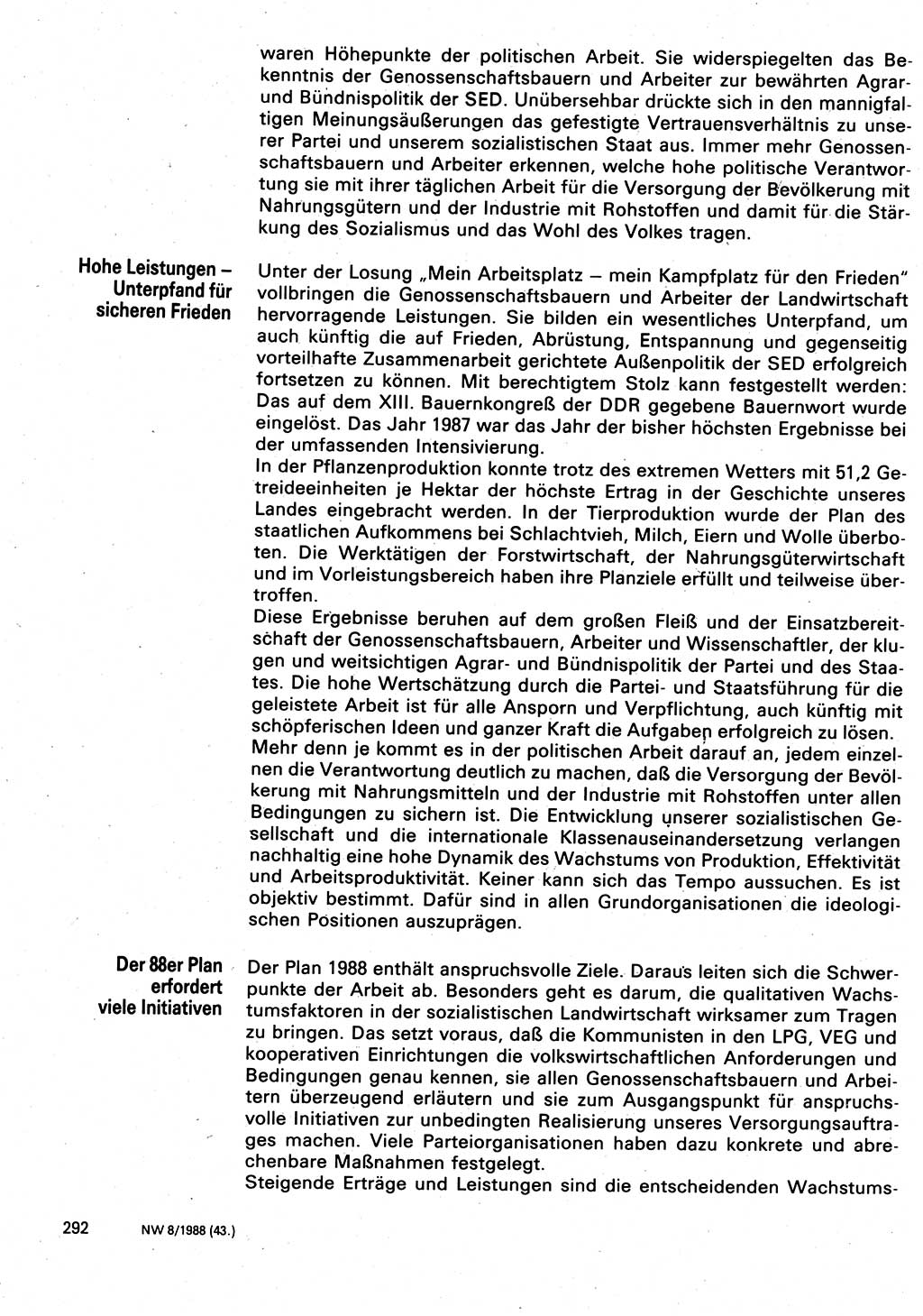 Neuer Weg (NW), Organ des Zentralkomitees (ZK) der SED (Sozialistische Einheitspartei Deutschlands) für Fragen des Parteilebens, 43. Jahrgang [Deutsche Demokratische Republik (DDR)] 1988, Seite 292 (NW ZK SED DDR 1988, S. 292)