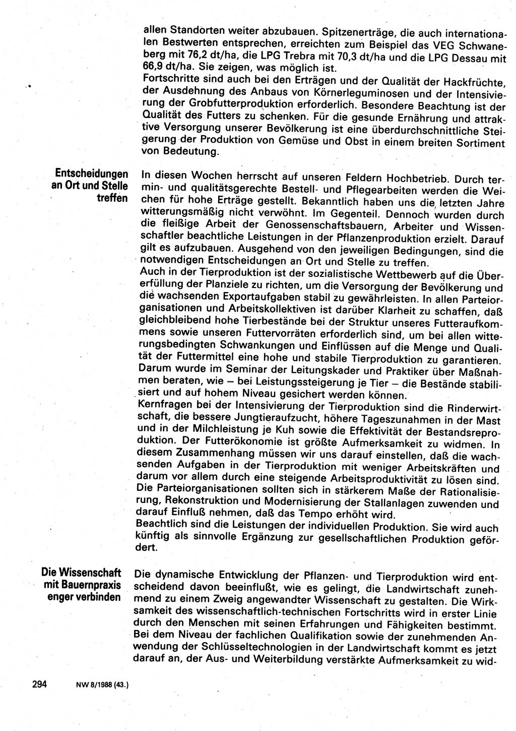 Neuer Weg (NW), Organ des Zentralkomitees (ZK) der SED (Sozialistische Einheitspartei Deutschlands) für Fragen des Parteilebens, 43. Jahrgang [Deutsche Demokratische Republik (DDR)] 1988, Seite 294 (NW ZK SED DDR 1988, S. 294)