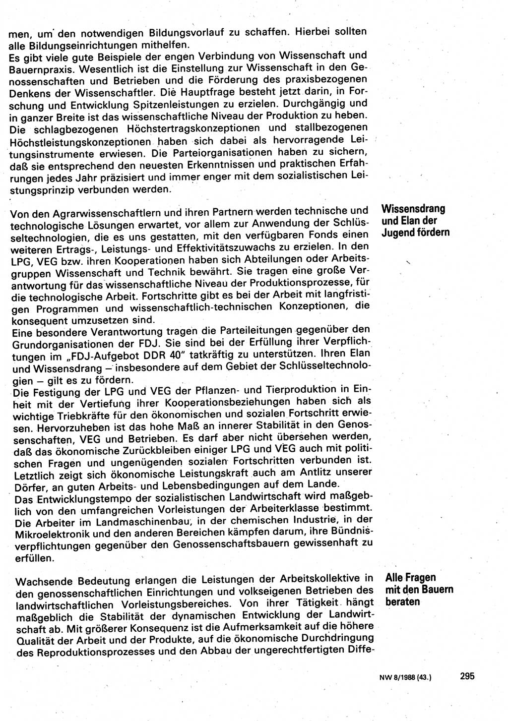 Neuer Weg (NW), Organ des Zentralkomitees (ZK) der SED (Sozialistische Einheitspartei Deutschlands) für Fragen des Parteilebens, 43. Jahrgang [Deutsche Demokratische Republik (DDR)] 1988, Seite 295 (NW ZK SED DDR 1988, S. 295)