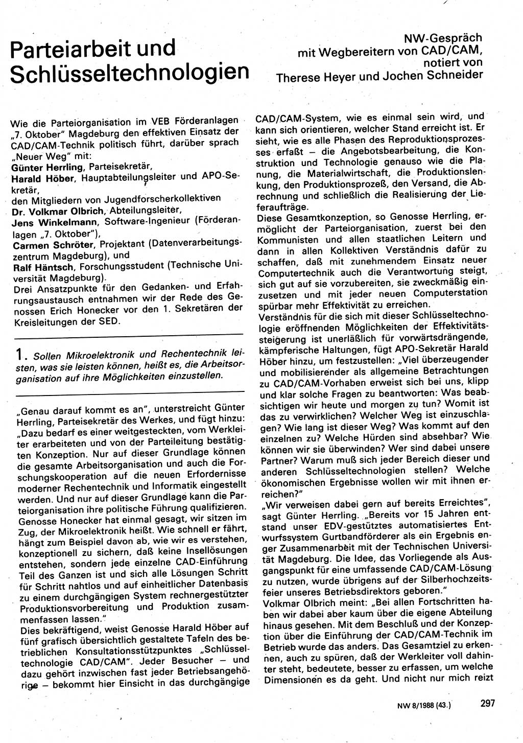 Neuer Weg (NW), Organ des Zentralkomitees (ZK) der SED (Sozialistische Einheitspartei Deutschlands) für Fragen des Parteilebens, 43. Jahrgang [Deutsche Demokratische Republik (DDR)] 1988, Seite 297 (NW ZK SED DDR 1988, S. 297)