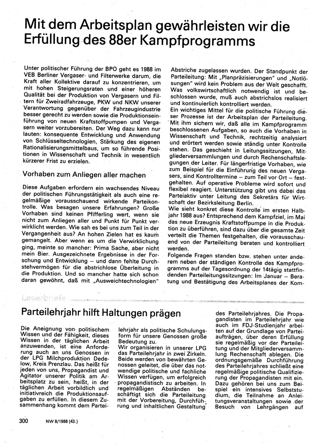 Neuer Weg (NW), Organ des Zentralkomitees (ZK) der SED (Sozialistische Einheitspartei Deutschlands) für Fragen des Parteilebens, 43. Jahrgang [Deutsche Demokratische Republik (DDR)] 1988, Seite 300 (NW ZK SED DDR 1988, S. 300)