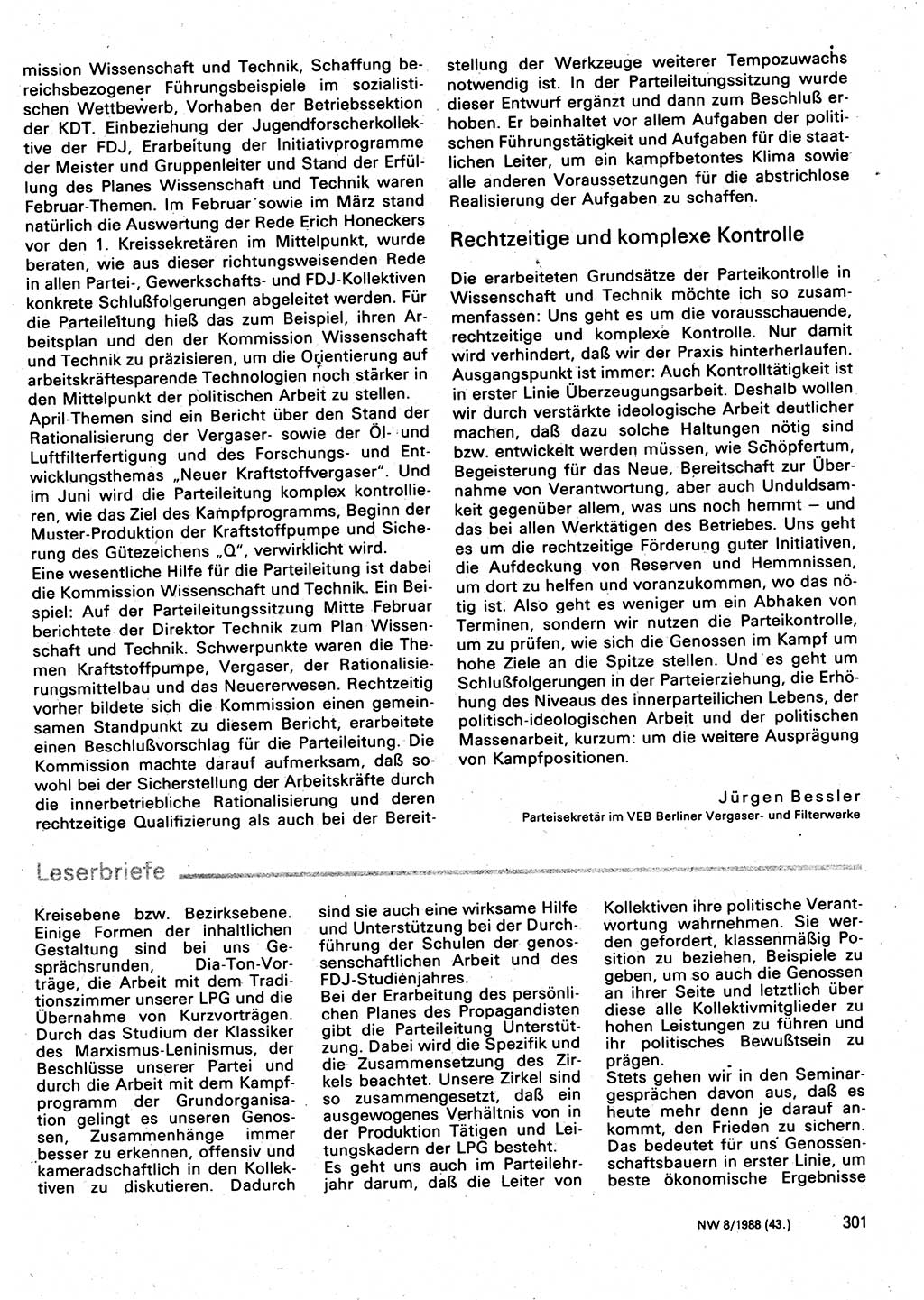 Neuer Weg (NW), Organ des Zentralkomitees (ZK) der SED (Sozialistische Einheitspartei Deutschlands) für Fragen des Parteilebens, 43. Jahrgang [Deutsche Demokratische Republik (DDR)] 1988, Seite 301 (NW ZK SED DDR 1988, S. 301)