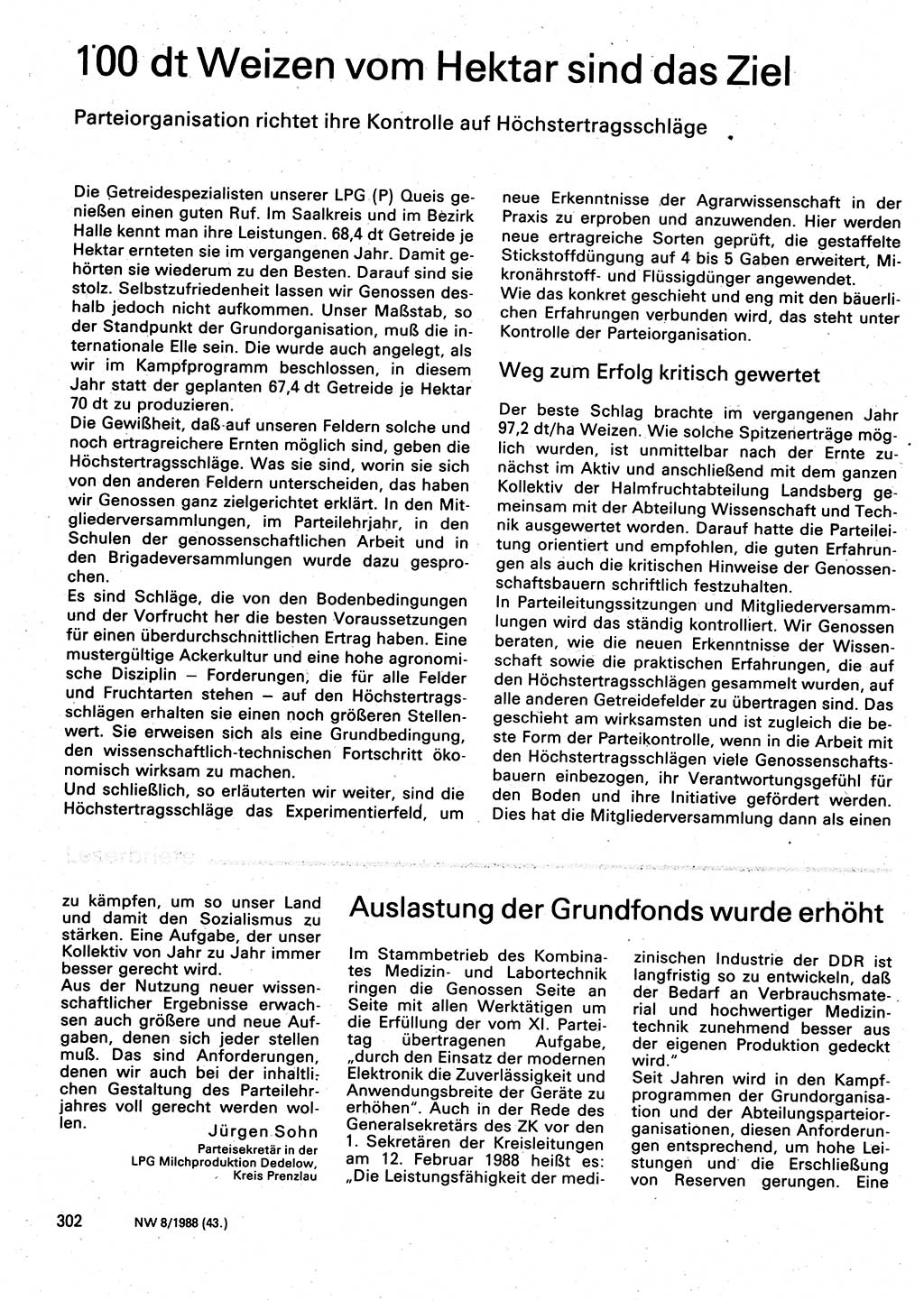 Neuer Weg (NW), Organ des Zentralkomitees (ZK) der SED (Sozialistische Einheitspartei Deutschlands) für Fragen des Parteilebens, 43. Jahrgang [Deutsche Demokratische Republik (DDR)] 1988, Seite 302 (NW ZK SED DDR 1988, S. 302)