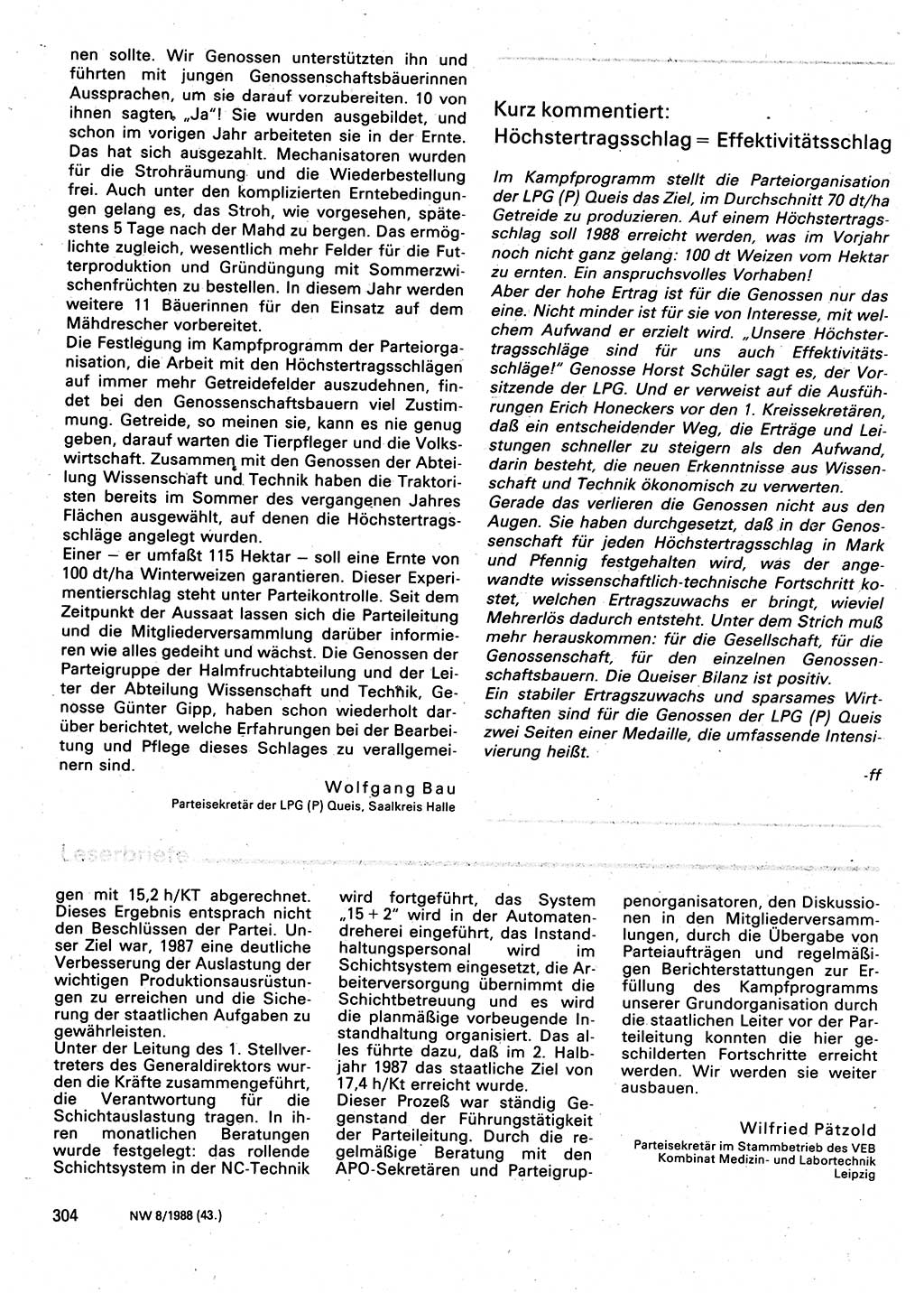 Neuer Weg (NW), Organ des Zentralkomitees (ZK) der SED (Sozialistische Einheitspartei Deutschlands) für Fragen des Parteilebens, 43. Jahrgang [Deutsche Demokratische Republik (DDR)] 1988, Seite 304 (NW ZK SED DDR 1988, S. 304)