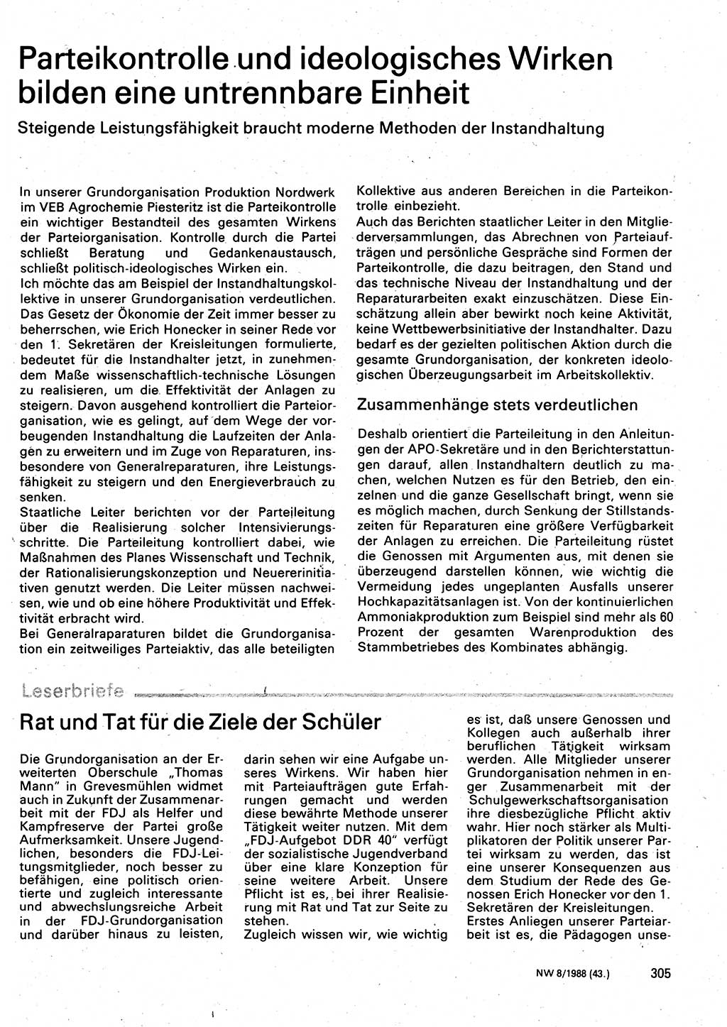 Neuer Weg (NW), Organ des Zentralkomitees (ZK) der SED (Sozialistische Einheitspartei Deutschlands) für Fragen des Parteilebens, 43. Jahrgang [Deutsche Demokratische Republik (DDR)] 1988, Seite 305 (NW ZK SED DDR 1988, S. 305)