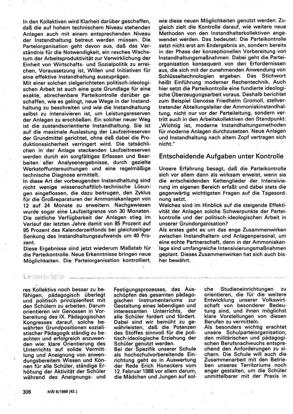 Neuer Weg (NW), Organ des Zentralkomitees (ZK) der SED (Sozialistische Einheitspartei Deutschlands) für Fragen des Parteilebens, 43. Jahrgang [Deutsche Demokratische Republik (DDR)] 1988, Seite 306 (NW ZK SED DDR 1988, S. 306)
