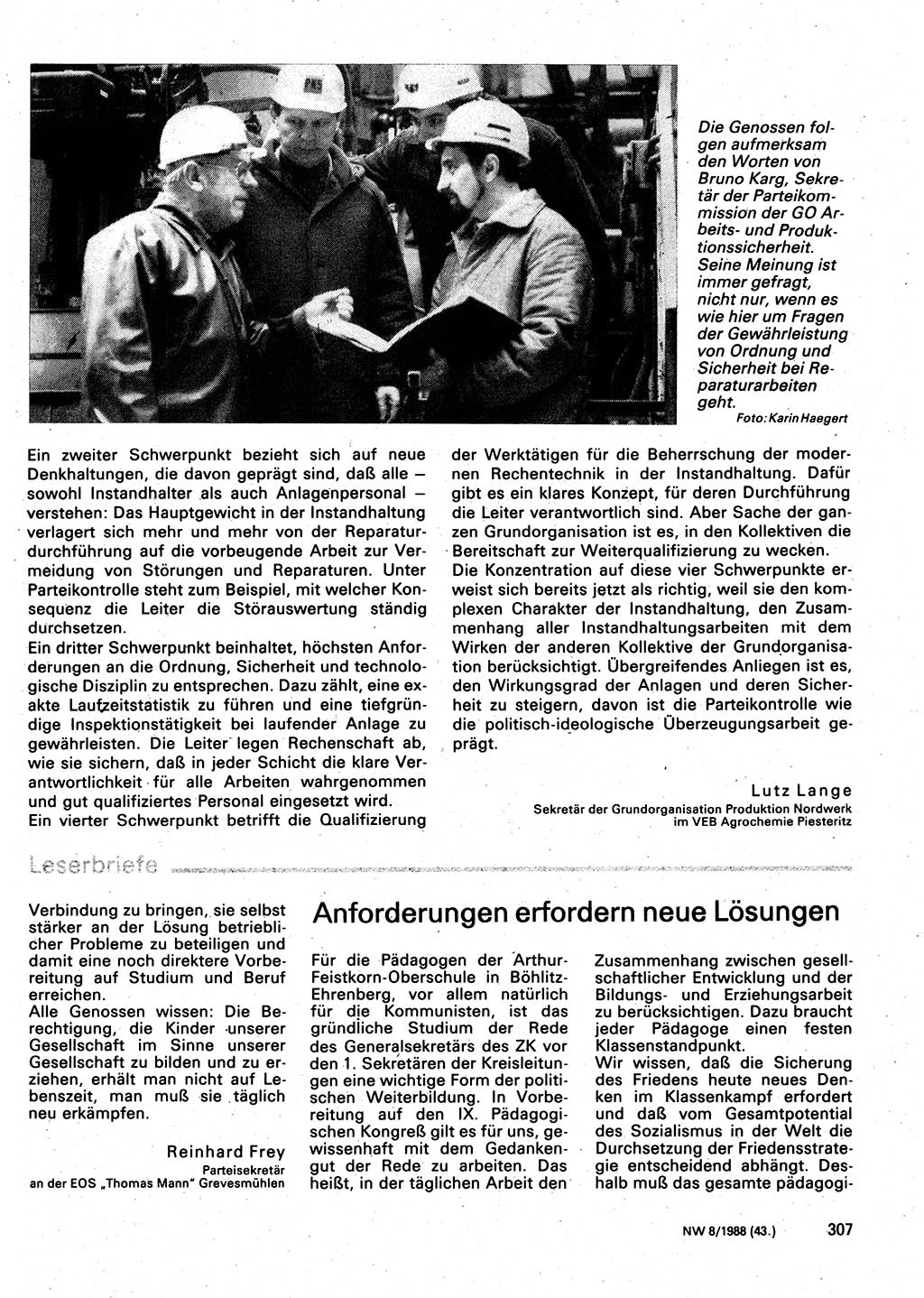 Neuer Weg (NW), Organ des Zentralkomitees (ZK) der SED (Sozialistische Einheitspartei Deutschlands) für Fragen des Parteilebens, 43. Jahrgang [Deutsche Demokratische Republik (DDR)] 1988, Seite 307 (NW ZK SED DDR 1988, S. 307)