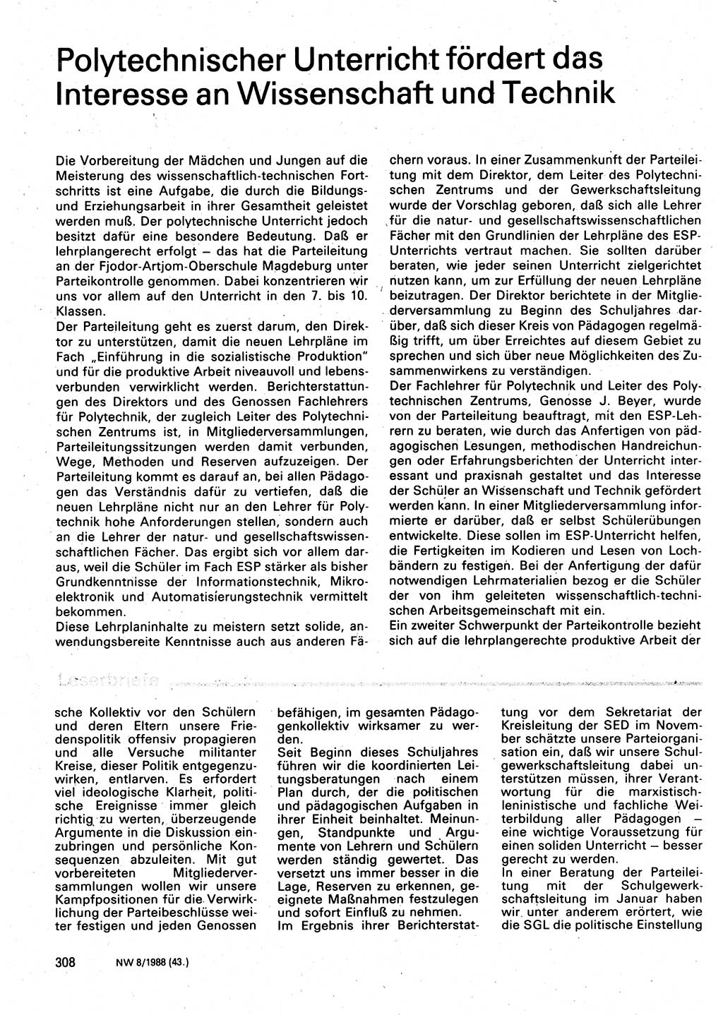 Neuer Weg (NW), Organ des Zentralkomitees (ZK) der SED (Sozialistische Einheitspartei Deutschlands) für Fragen des Parteilebens, 43. Jahrgang [Deutsche Demokratische Republik (DDR)] 1988, Seite 308 (NW ZK SED DDR 1988, S. 308)